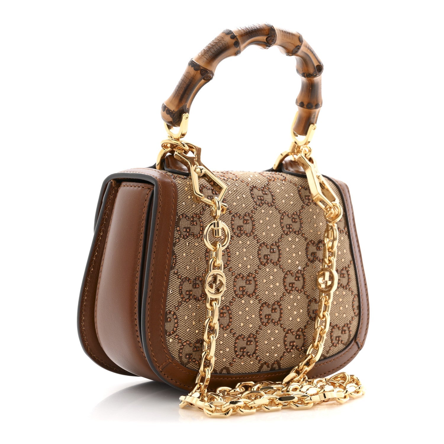 Gucci New Canvas Charisma Calfskin Crystal GG Monogram Small Bamboo 1947 Top Handle Bag Camel Ebony