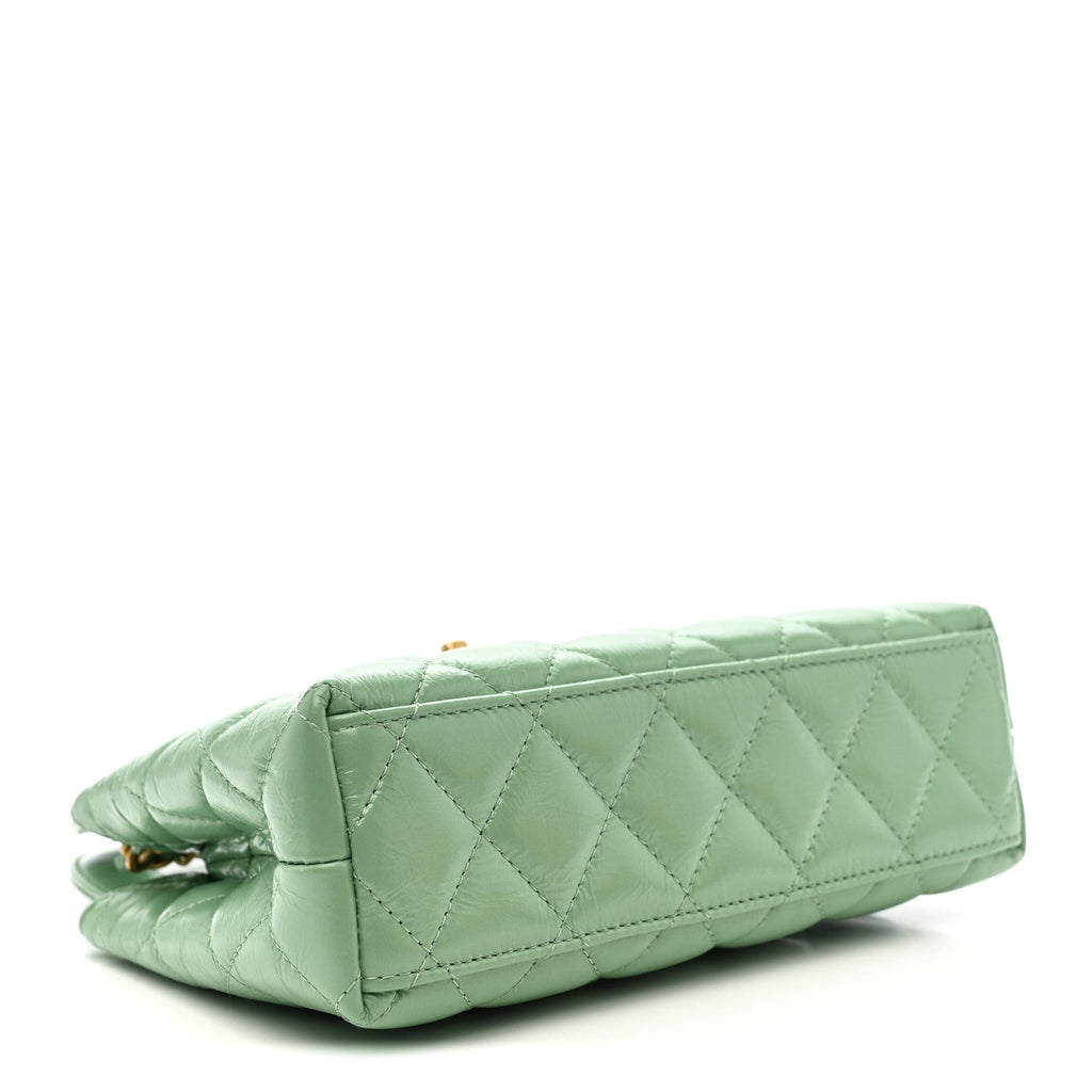 Chanel Shiny Aged Calfskin Quilted Nano Kelly Shopper Light Green