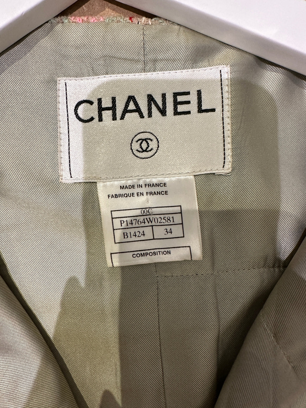 Chanel 00/C Vintage Pink, Green Beige Round Neck Long Sleeve Striped Jacket FR 34 (UK 6)