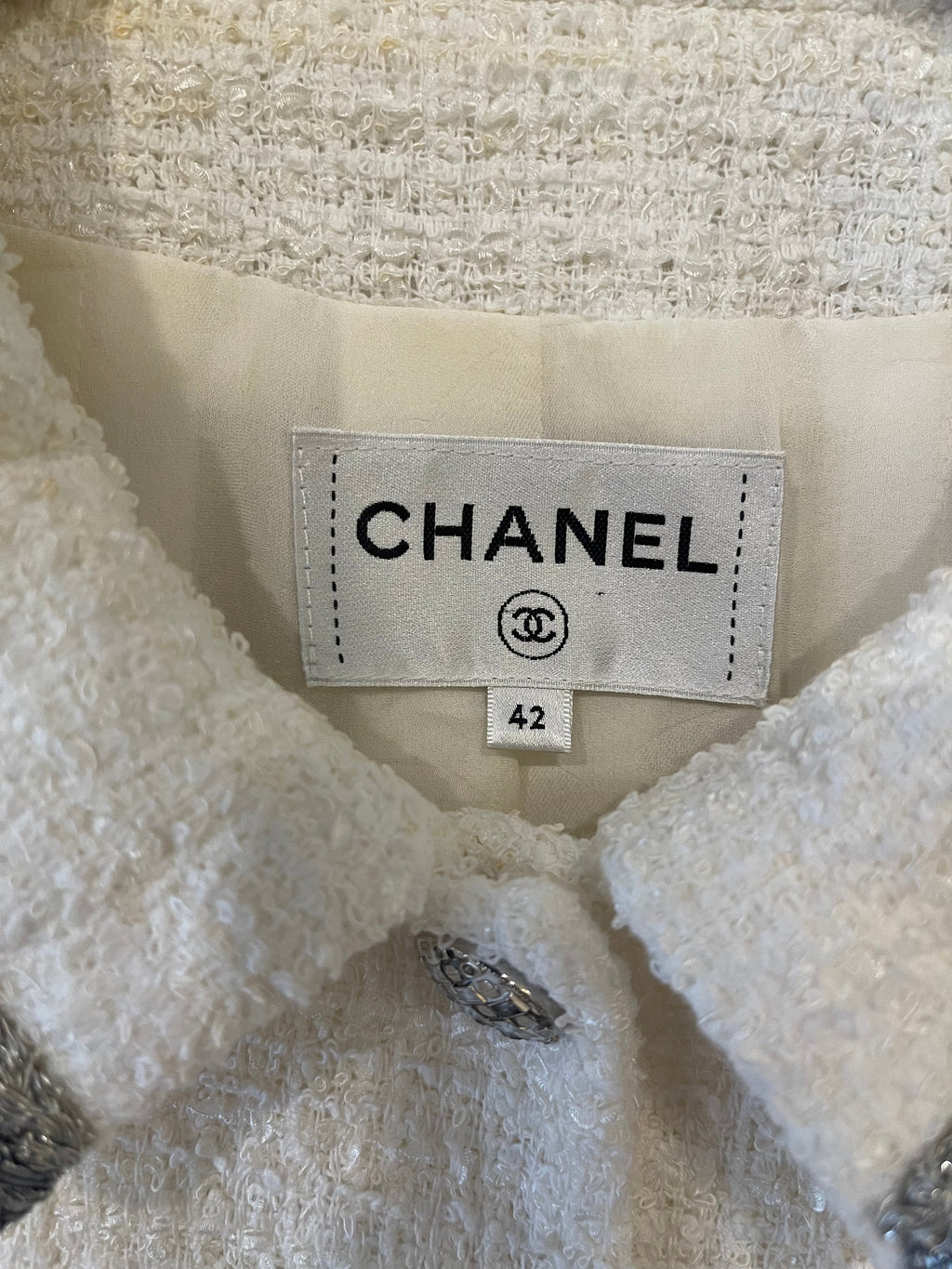 *HOT* Chanel 20S White Tweed Short-Sleeve Mini Dress with Silver Buttons and Embellishments Details FR 42 (UK 14) RRP £5,250