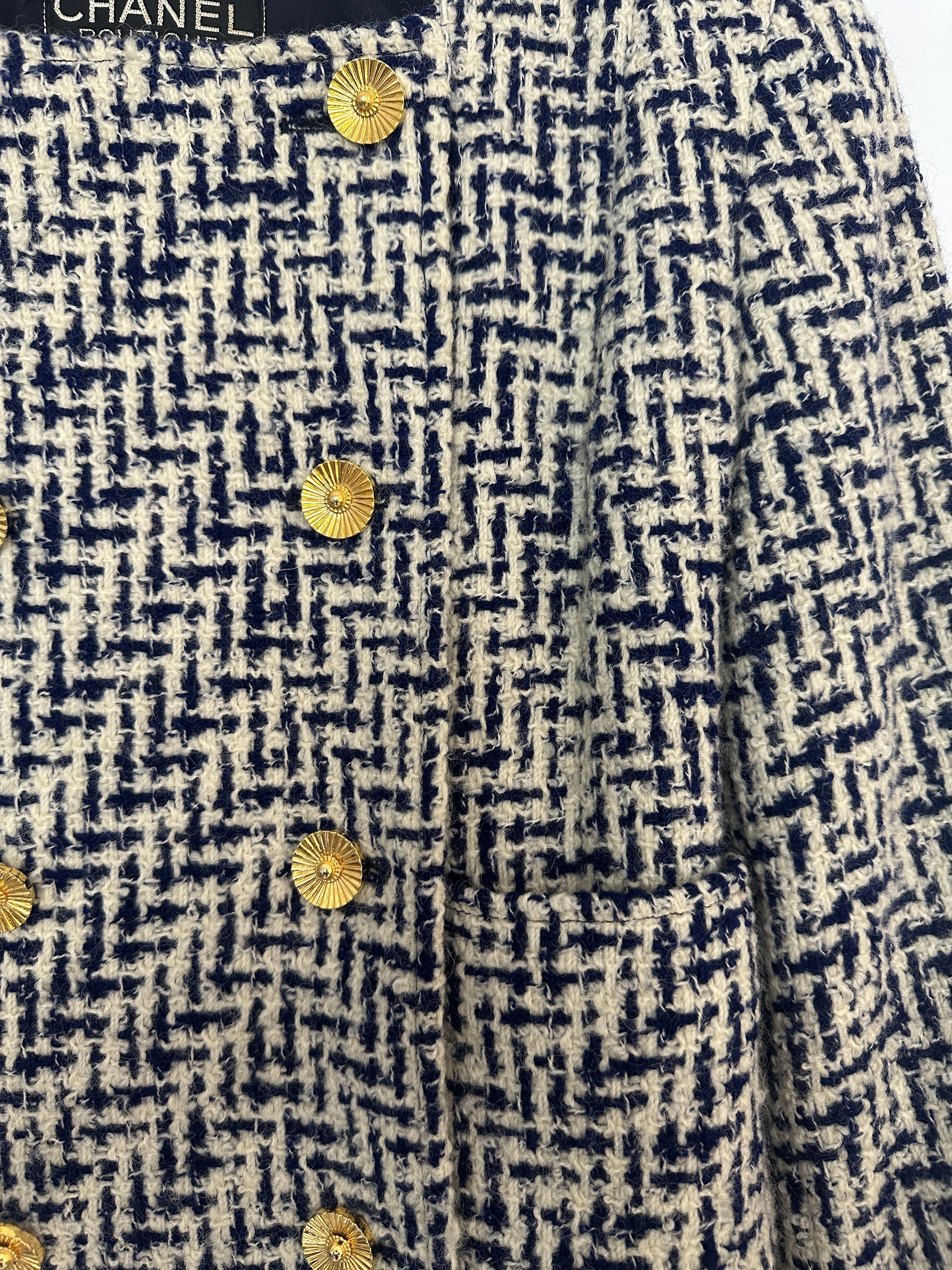 Chanel White and Navy Tweed Double Breasted Jacket with Gold Flower Button Detail FR 36 - 38 (UK 8 - 10)