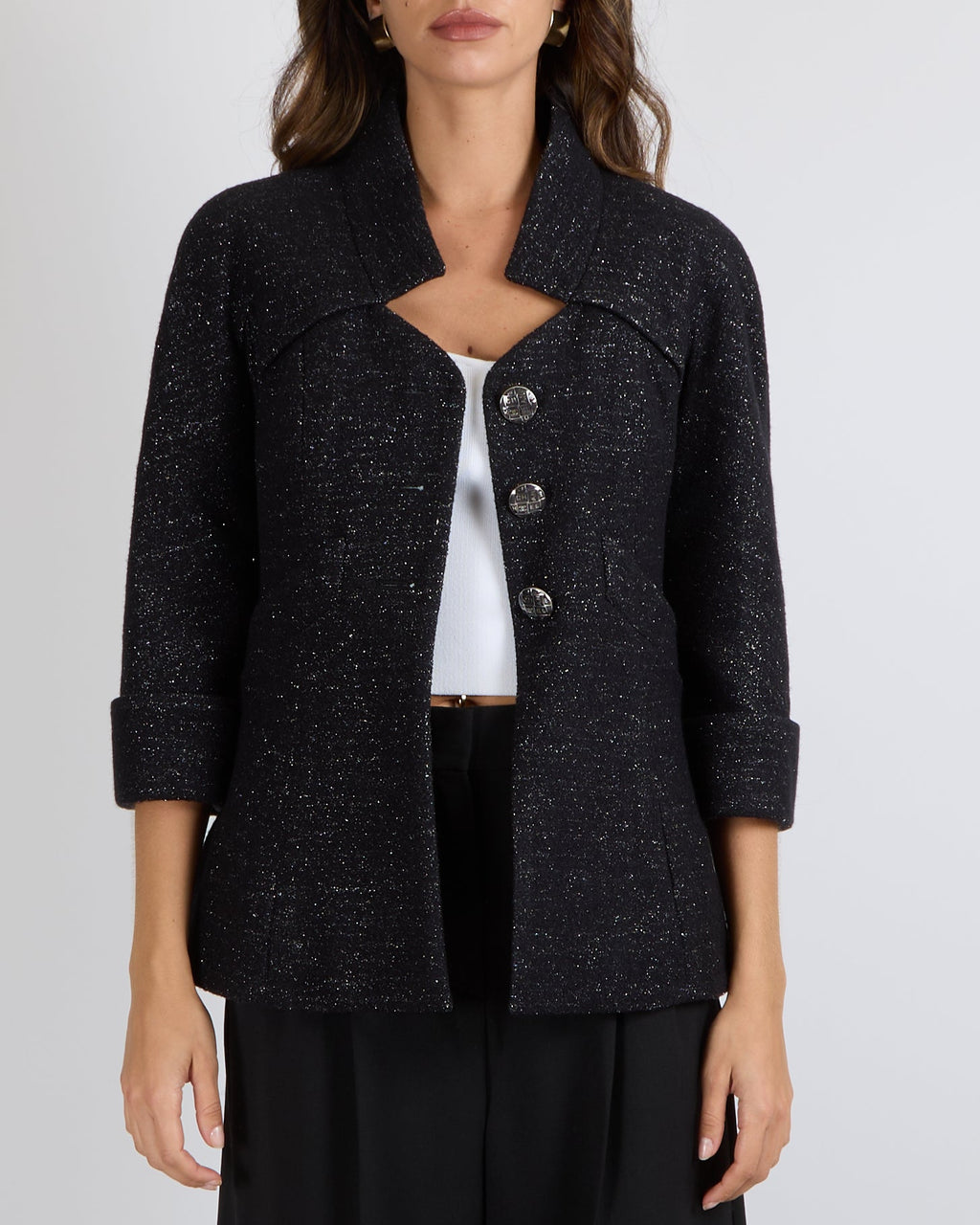 Chanel Metiers d'Art 2018 Black and Silver Wool Jacket with Logo Buttons Size FR 36 (UK 8)