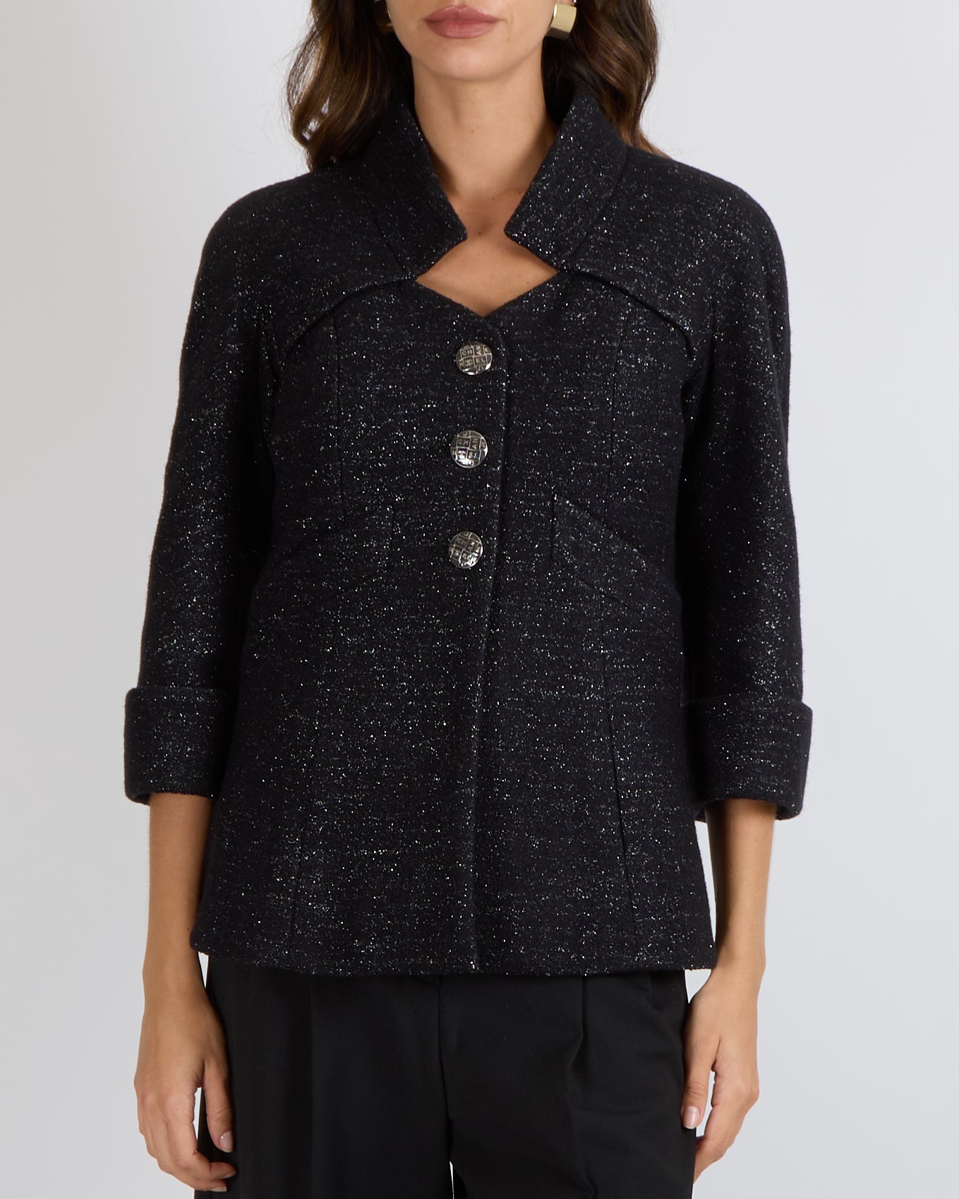 Chanel Metiers d'Art 2018 Black and Silver Wool Jacket with Logo Buttons Size FR 36 (UK 8)