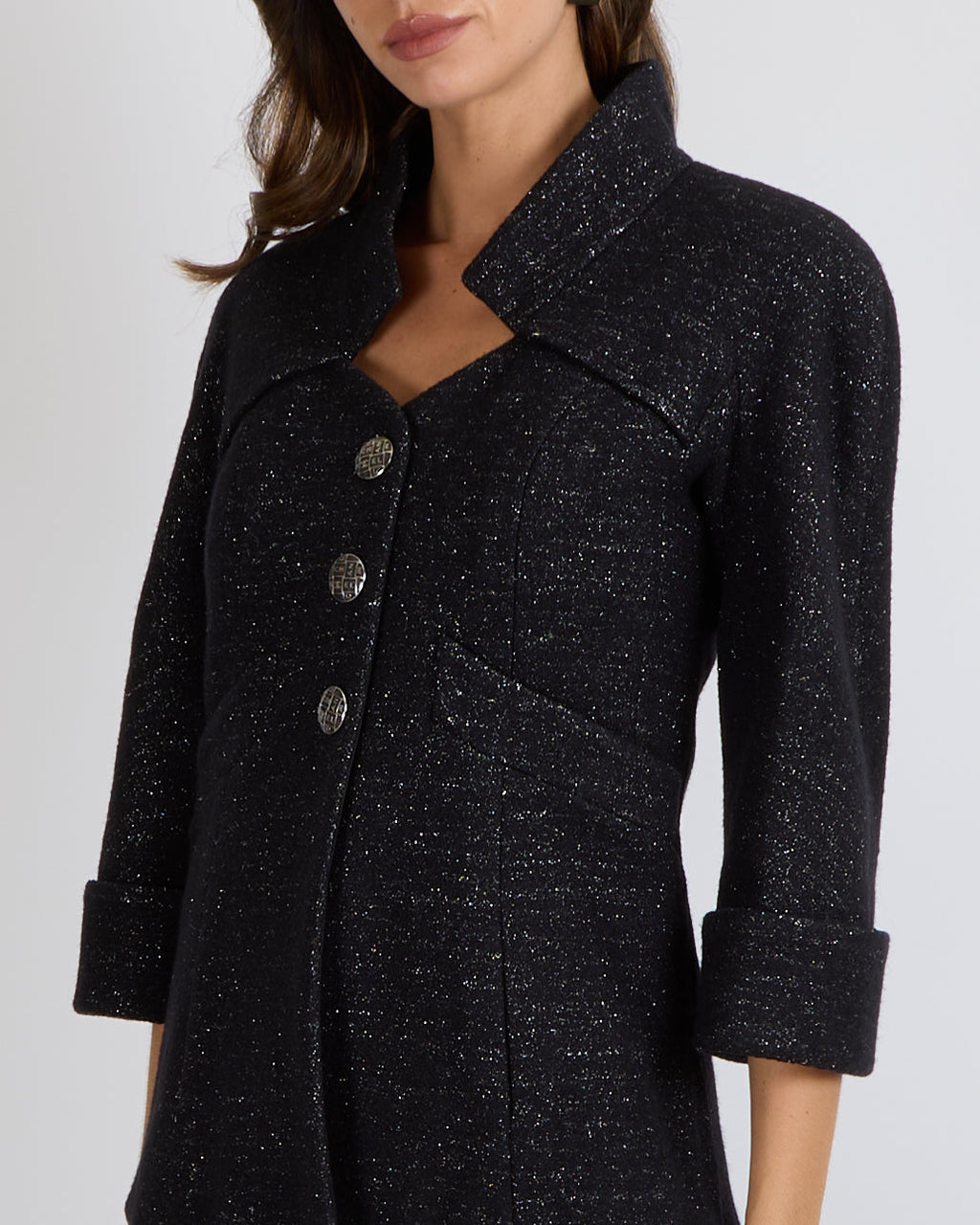 Chanel Metiers d'Art 2018 Black and Silver Wool Jacket with Logo Buttons Size FR 36 (UK 8)