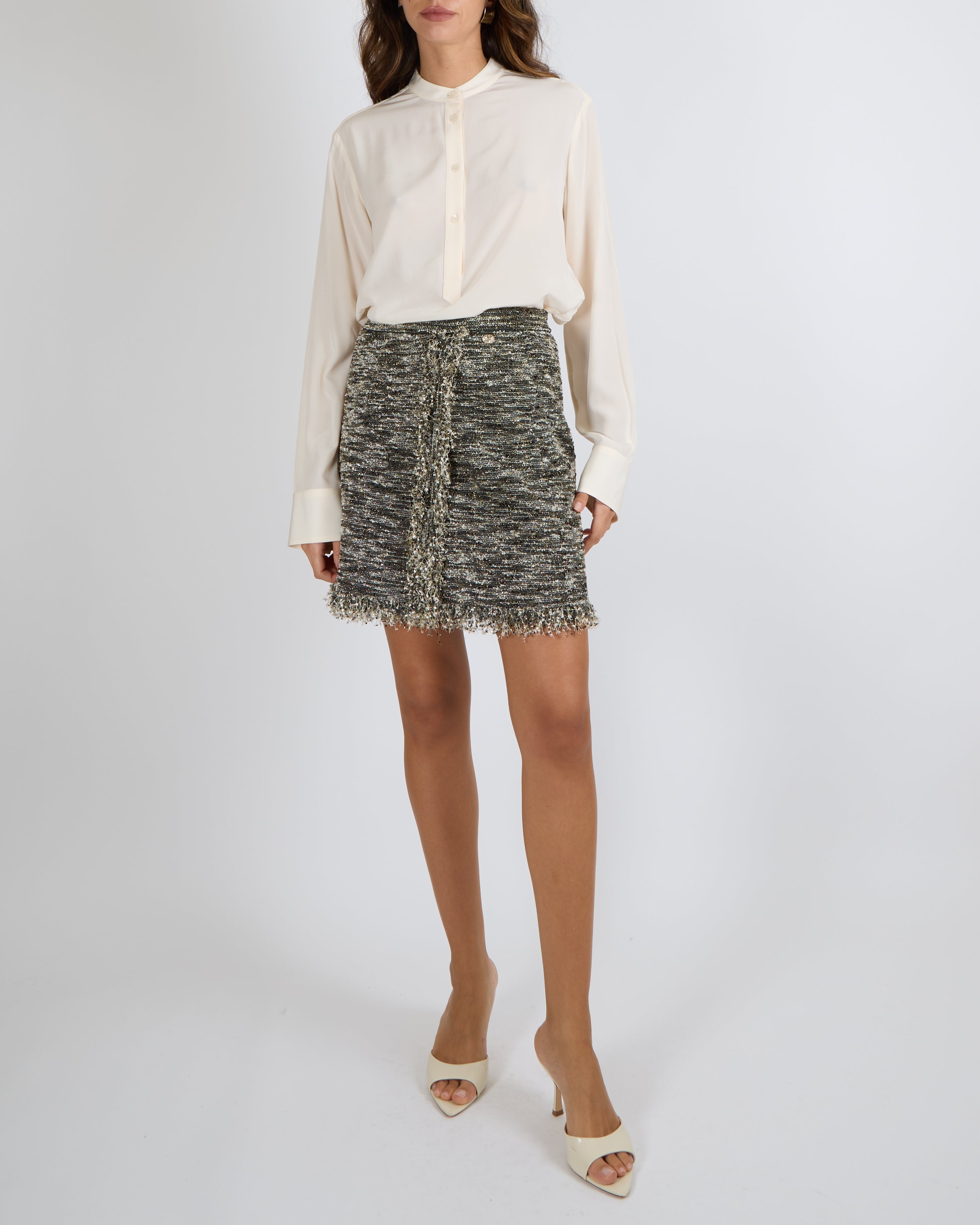 Chanel Paris Greece Resort 2018 Khaki, Cream and Metallic Gold Tweed Mini Skirt Size FR 36 (UK 8)