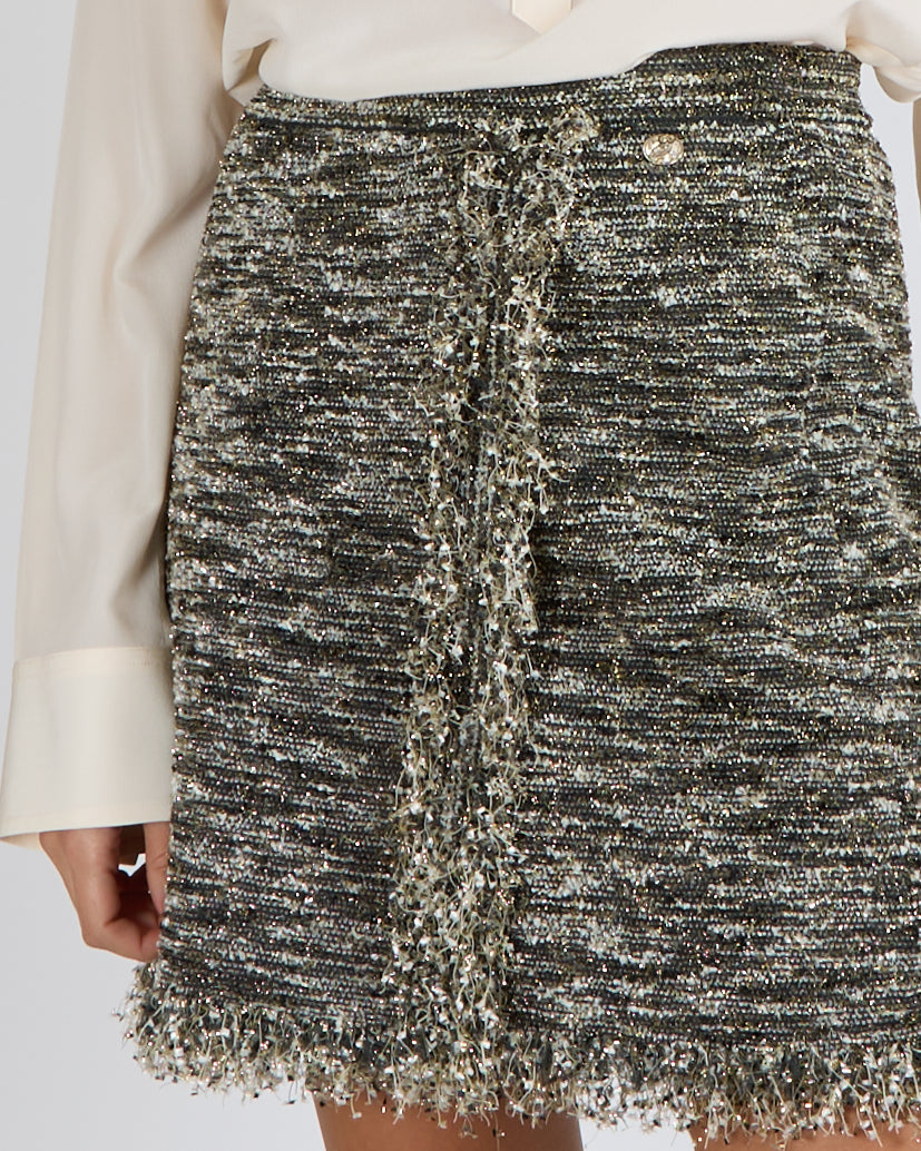 Chanel Paris Greece Resort 2018 Khaki, Cream and Metallic Gold Tweed Mini Skirt Size FR 36 (UK 8)