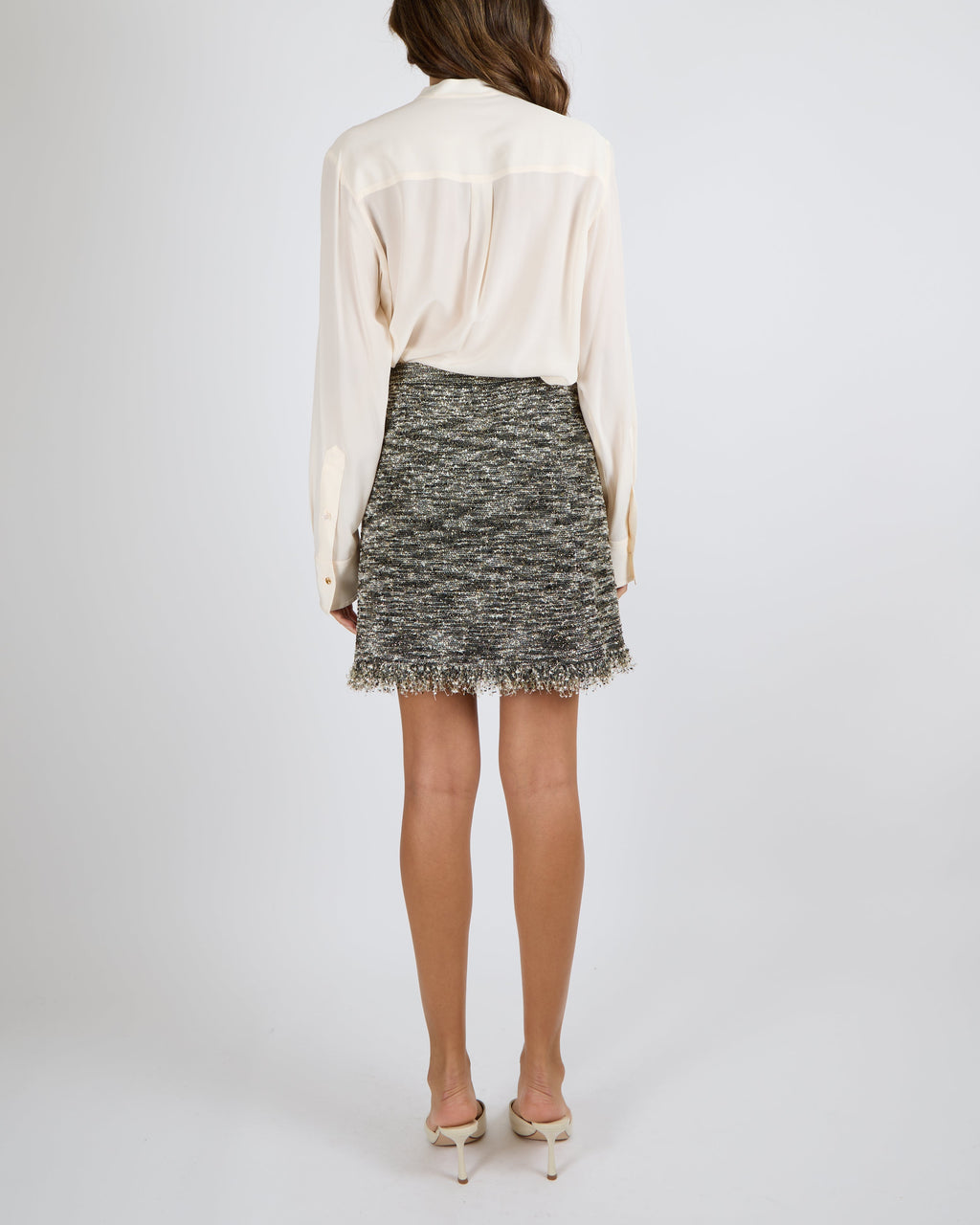 Chanel Paris Greece Resort 2018 Khaki, Cream and Metallic Gold Tweed Mini Skirt Size FR 36 (UK 8)