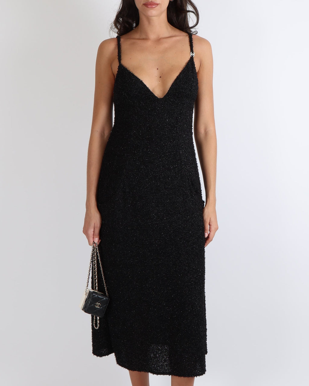 Chanel Black Shimmery Sleeveless Midi Dress with Front Pockets and Crystal CC Logo Button Detail Size FR 38 (UK 10)