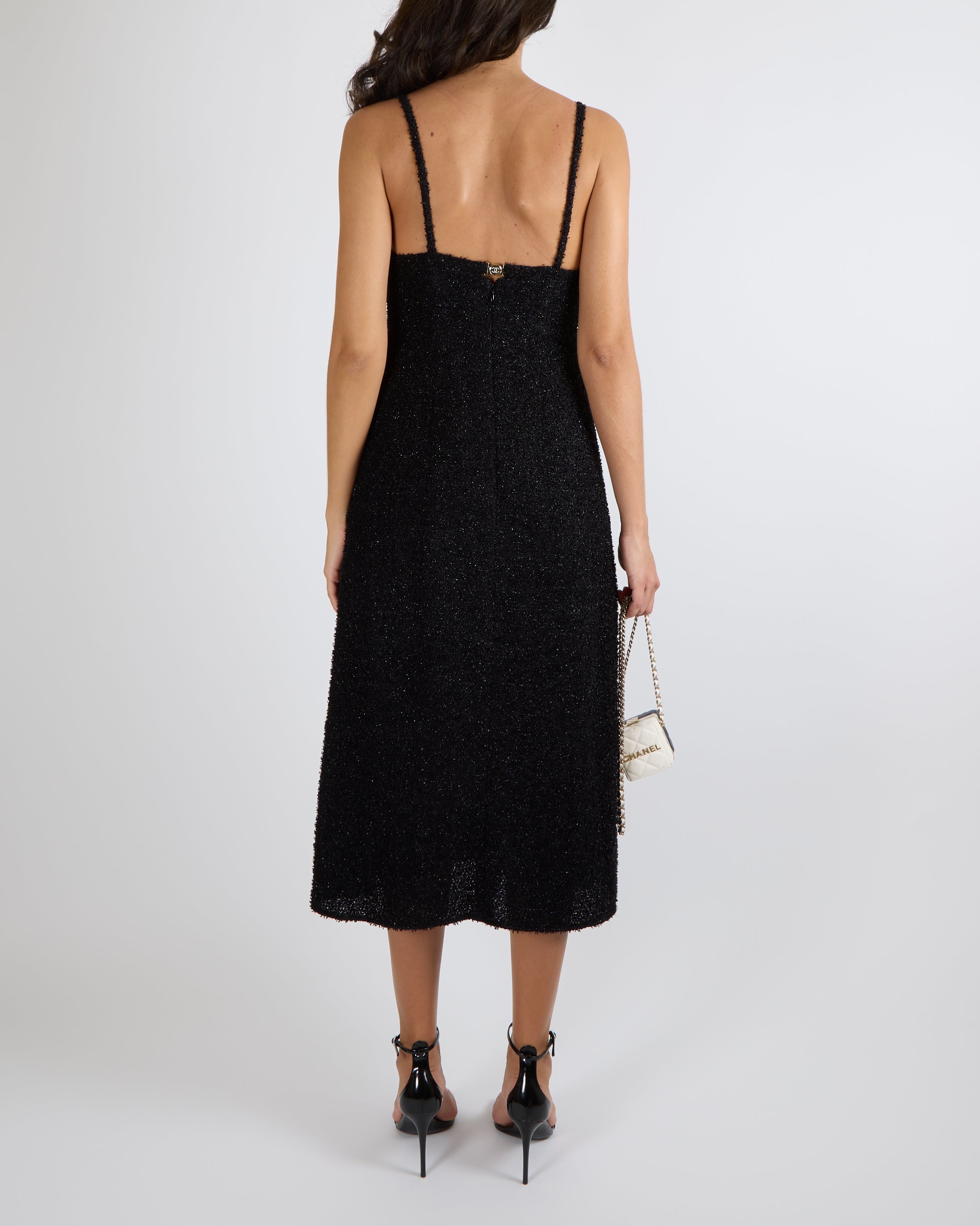 Chanel Black Shimmery Sleeveless Midi Dress with Front Pockets and Crystal CC Logo Button Detail Size FR 38 (UK 10)