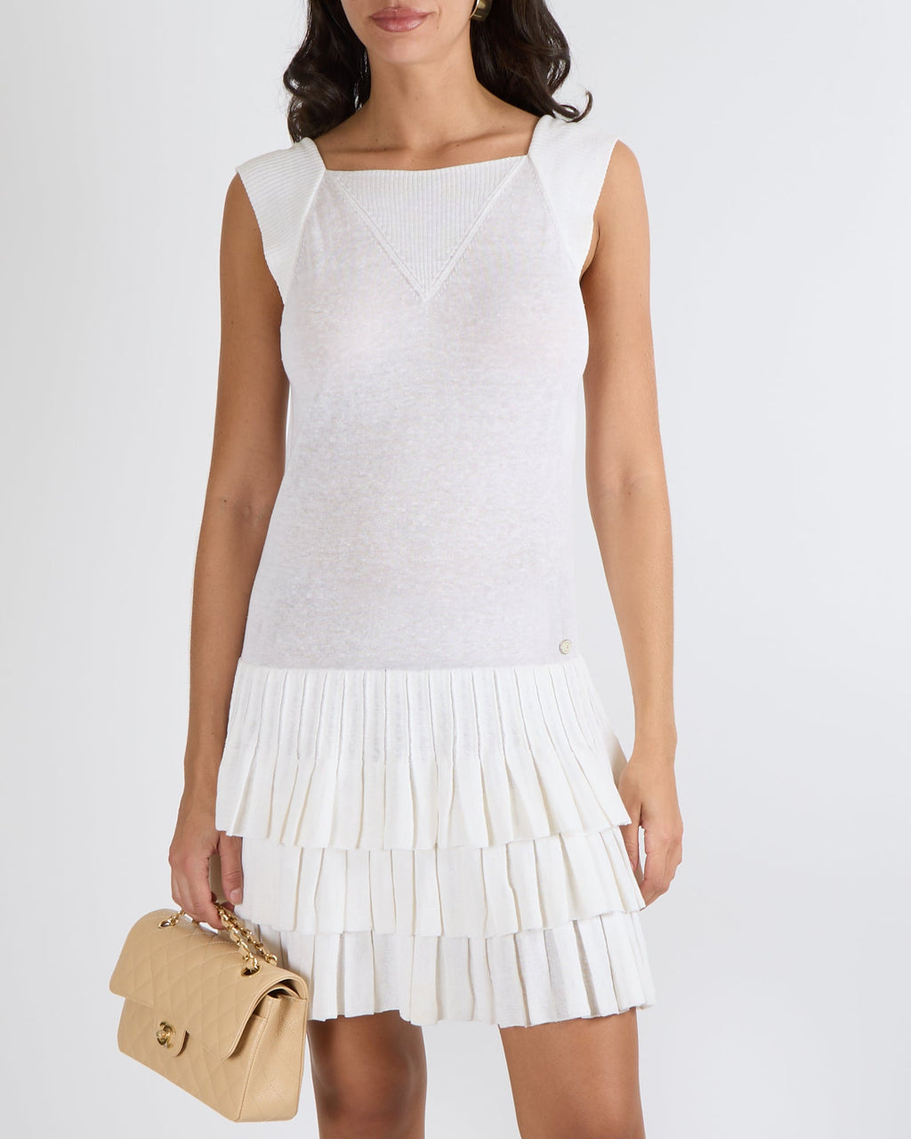 Chanel Cream Linen Short-Sleeved Mini Dress with Ruffled Skirt and White and Silver CC Logo Button Detail Size FR 36 (UK 8)