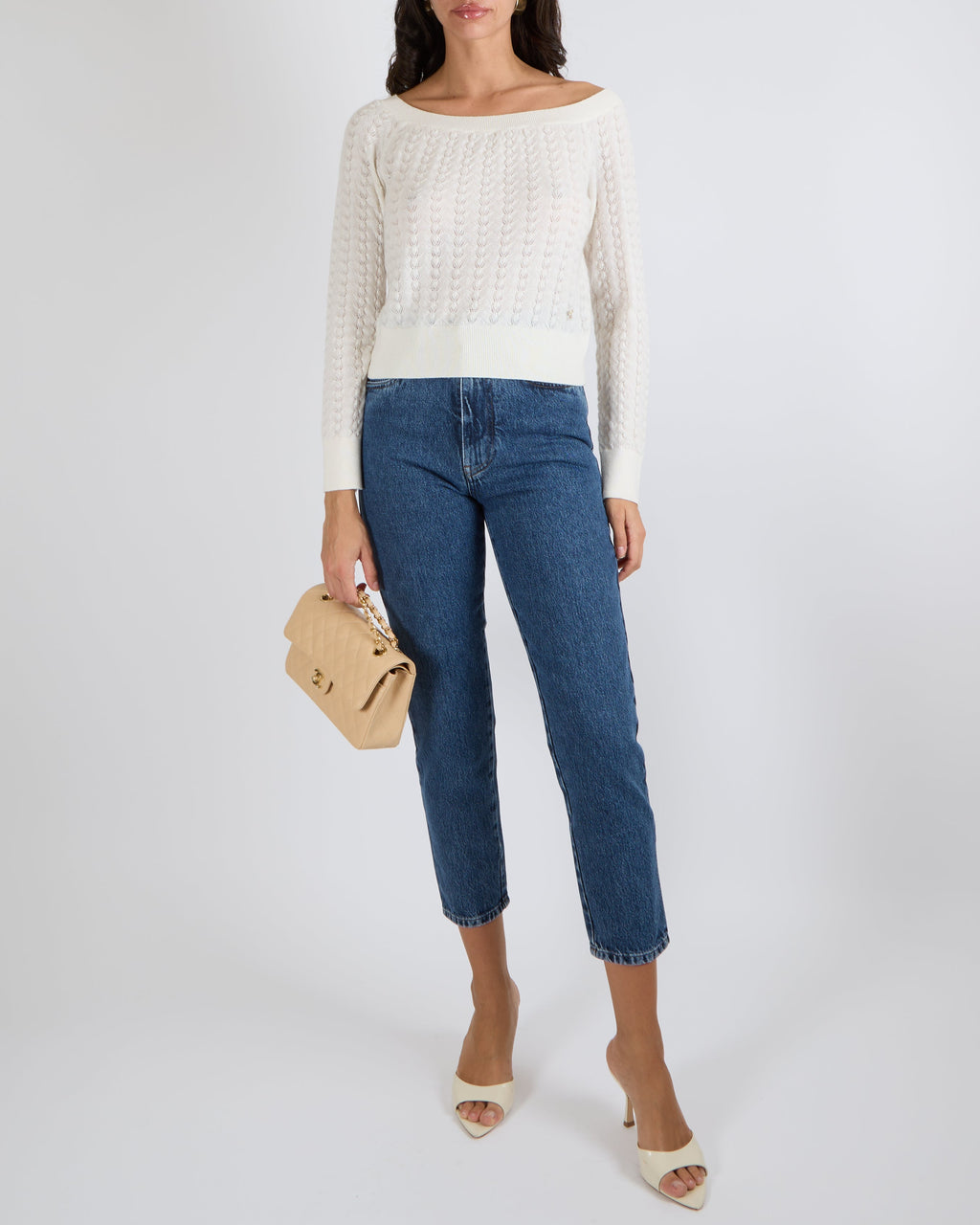Chanel Cream Knitted Jumper with Champagne Gold and White Camellia CC Logo Detail Size FR 36 (UK 8)