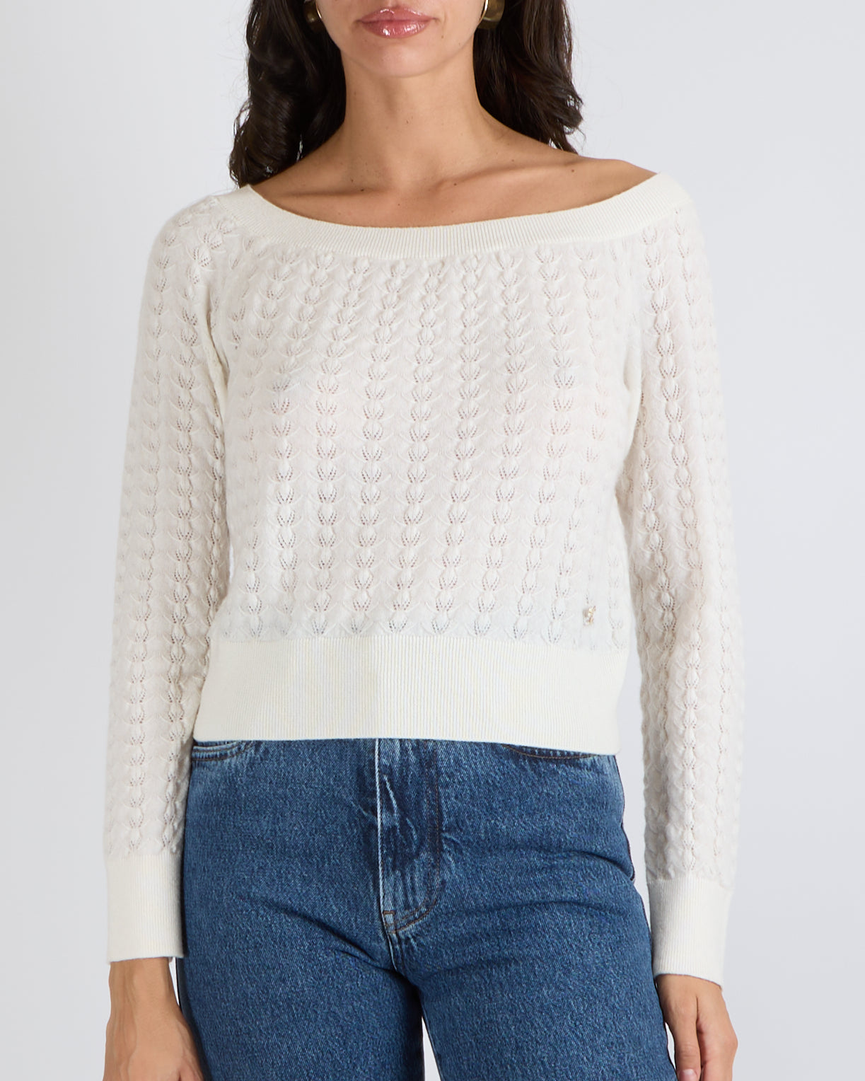 Chanel Cream Knitted Jumper with Champagne Gold and White Camellia CC Logo Detail Size FR 36 (UK 8)