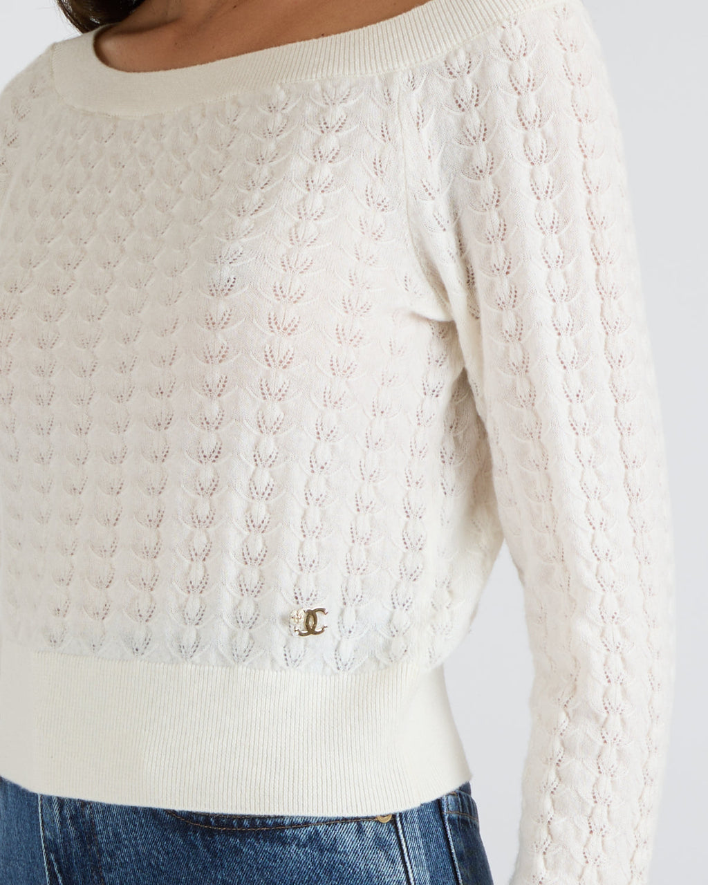 Chanel Cream Knitted Jumper with Champagne Gold and White Camellia CC Logo Detail Size FR 36 (UK 8)