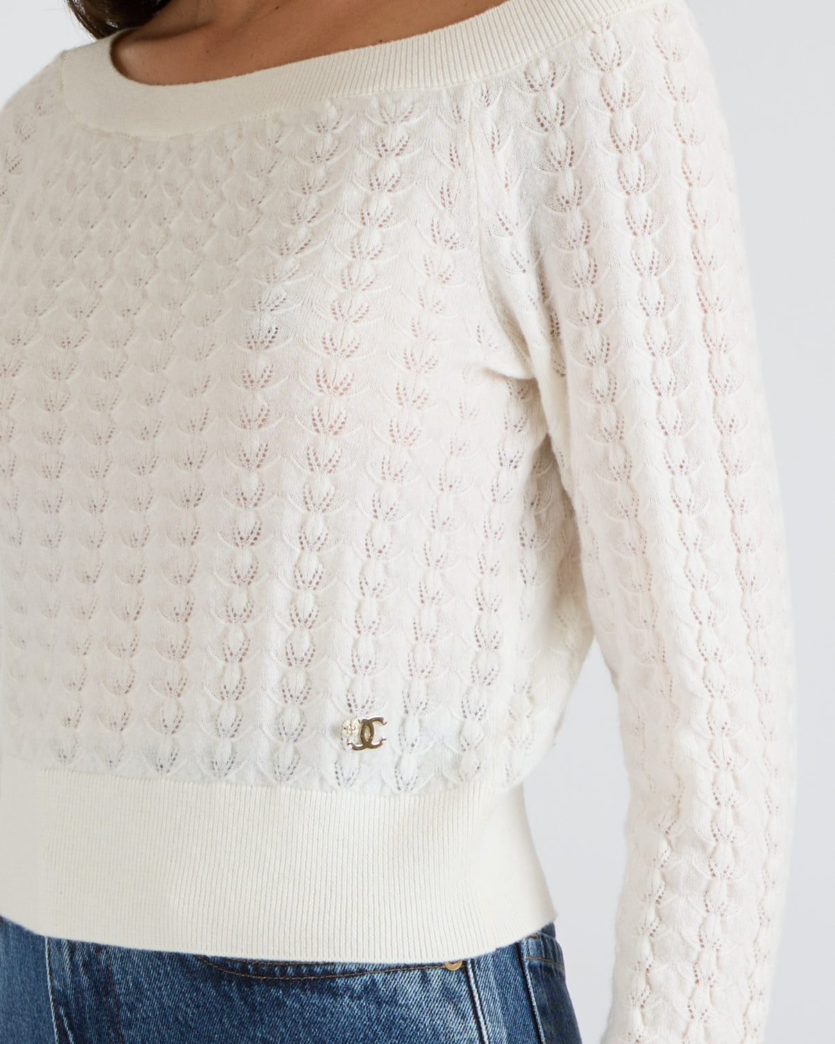 Chanel Cream Knitted Jumper with Champagne Gold and White Camellia CC Logo Detail Size FR 36 (UK 8)