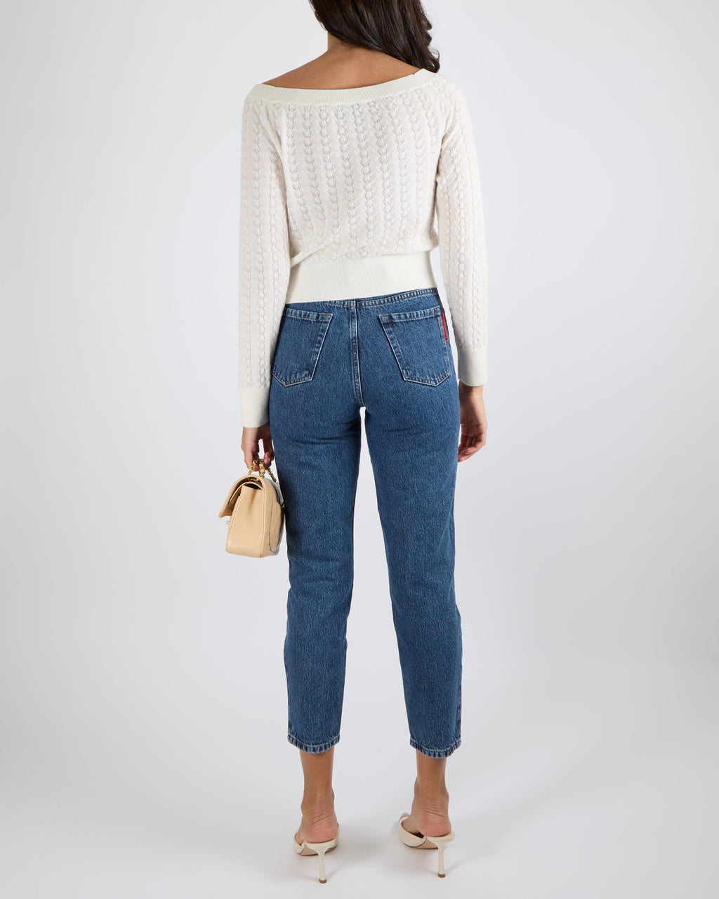 Chanel Cream Knitted Jumper with Champagne Gold and White Camellia CC Logo Detail Size FR 36 (UK 8)