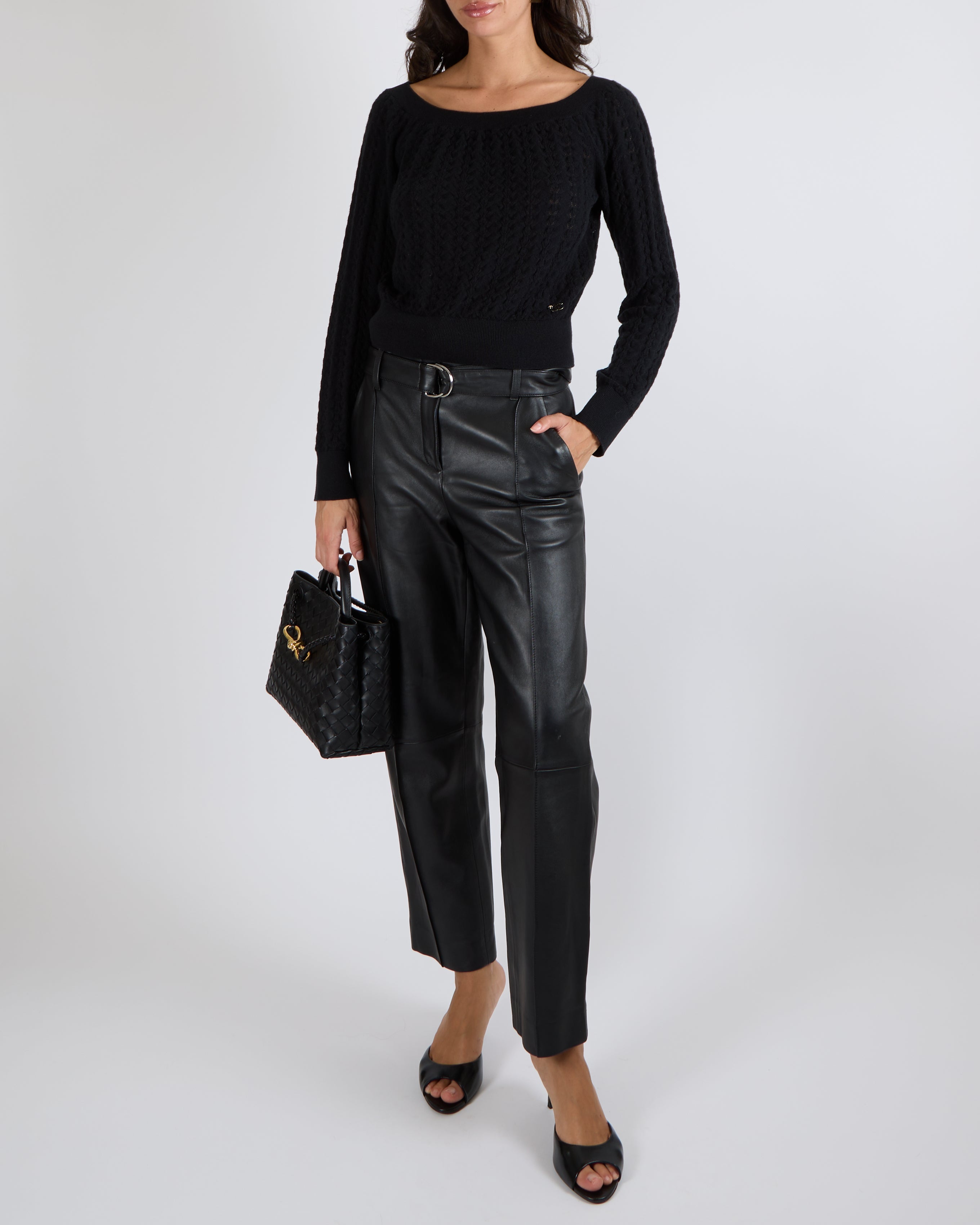Chanel Black Cashmere Knitted Jumper with Black and Silver Camellia CC Logo Detail Size FR 38 (UK 10)