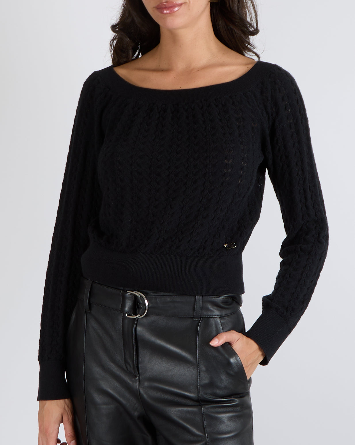 Chanel Black Cashmere Knitted Jumper with Black and Silver Camellia CC Logo Detail Size FR 38 (UK 10)