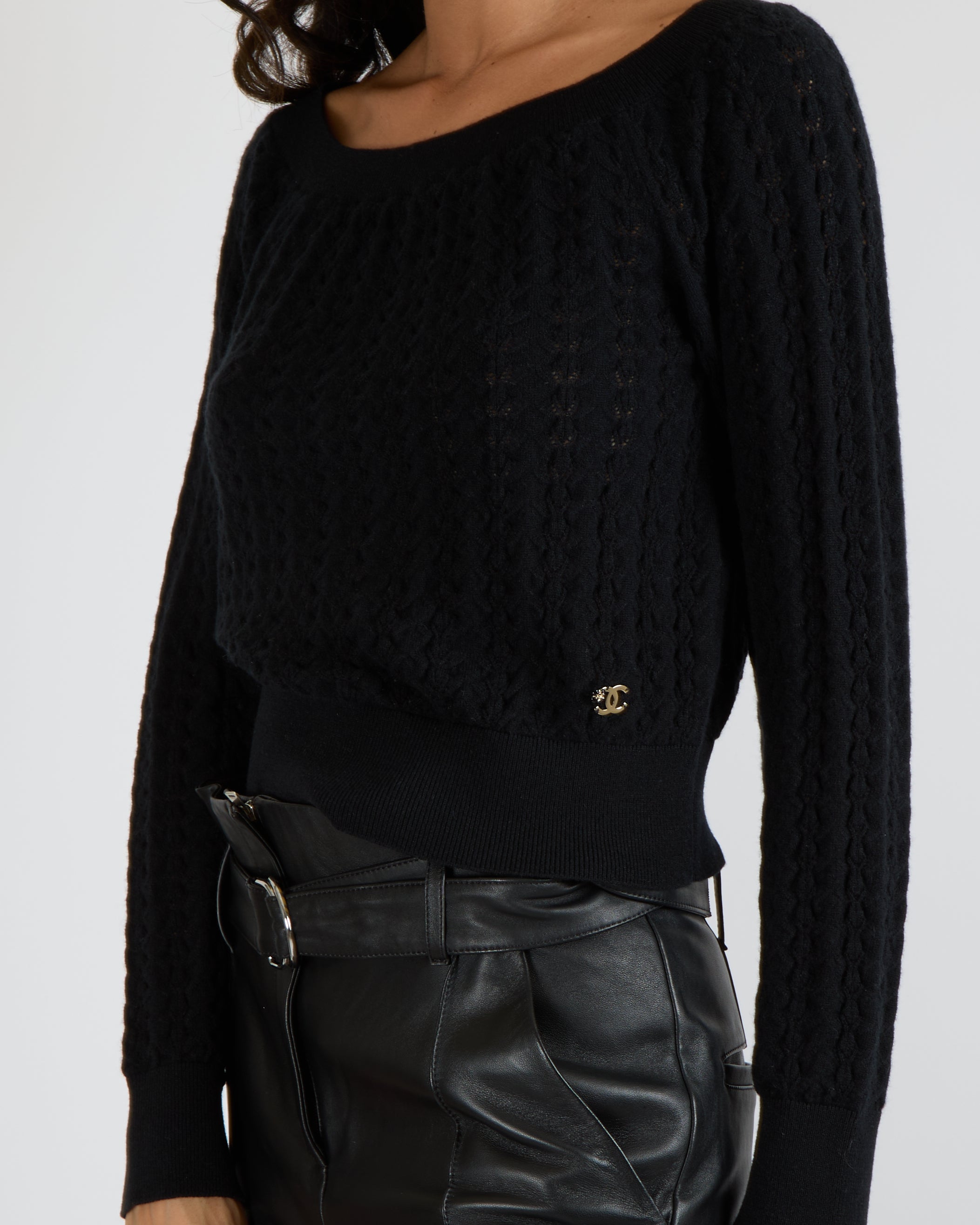 Chanel Black Cashmere Knitted Jumper with Black and Silver Camellia CC Logo Detail Size FR 38 (UK 10)