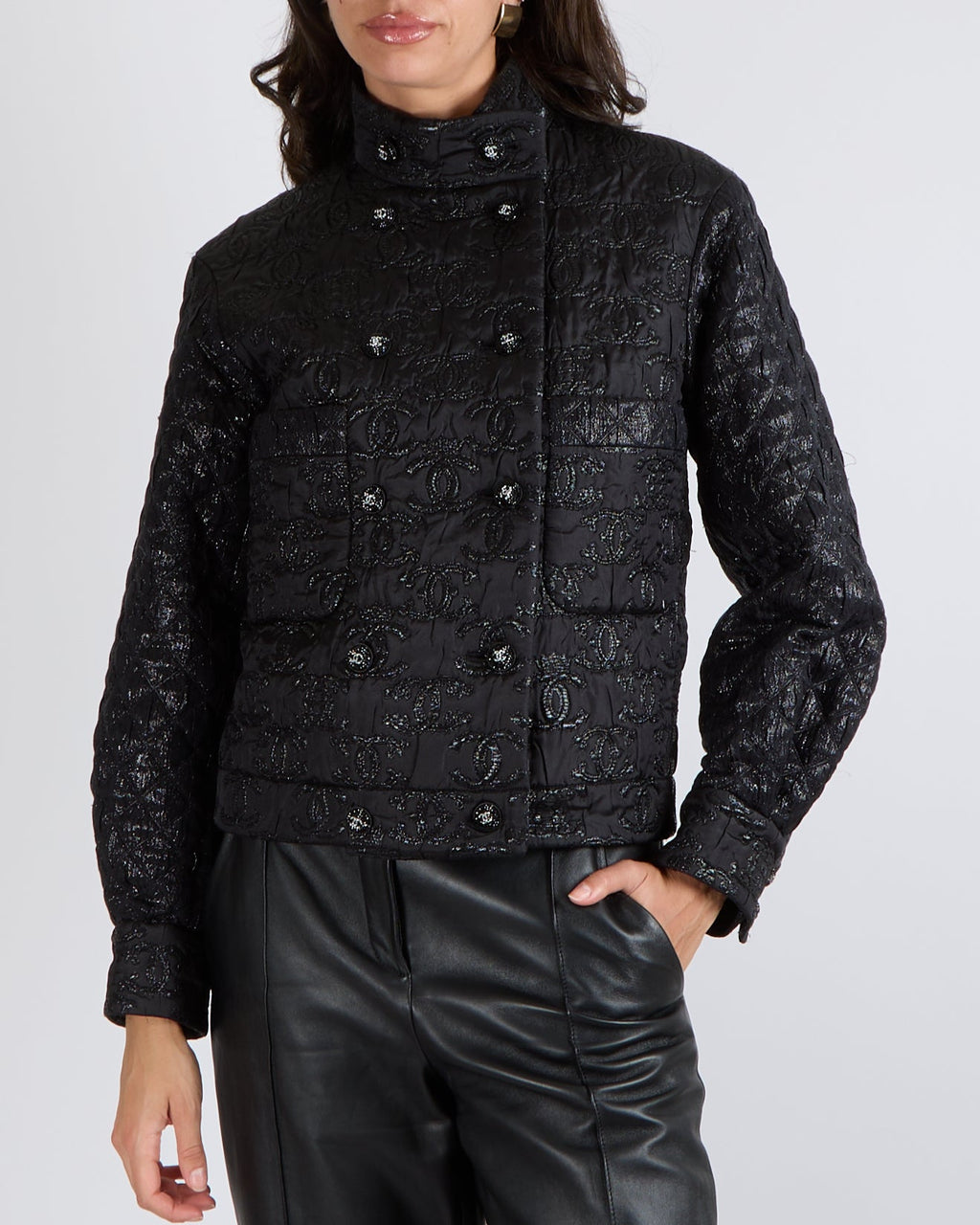Chanel Black Padded Jacket with Metallic CC Logo Prints and Black and Silver Crystal CC Logo Buttons Size FR 34 (UK 6)