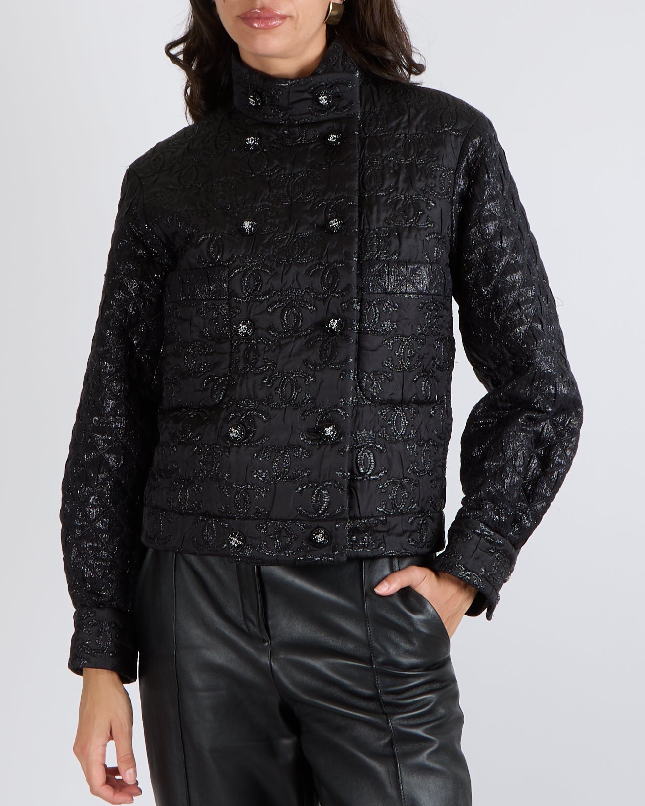 Chanel Black Padded Jacket with Metallic CC Logo Prints and Black and Silver Crystal CC Logo Buttons Size FR 34 (UK 6)