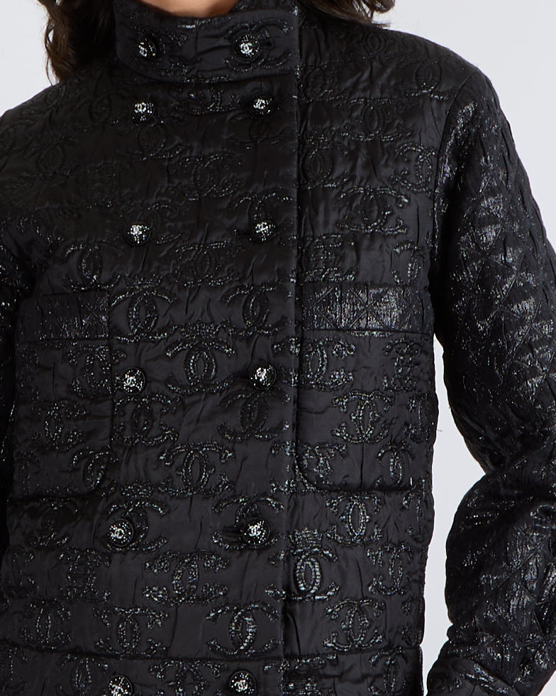 Chanel Black Padded Jacket with Metallic CC Logo Prints and Black and Silver Crystal CC Logo Buttons Size FR 34 (UK 6)