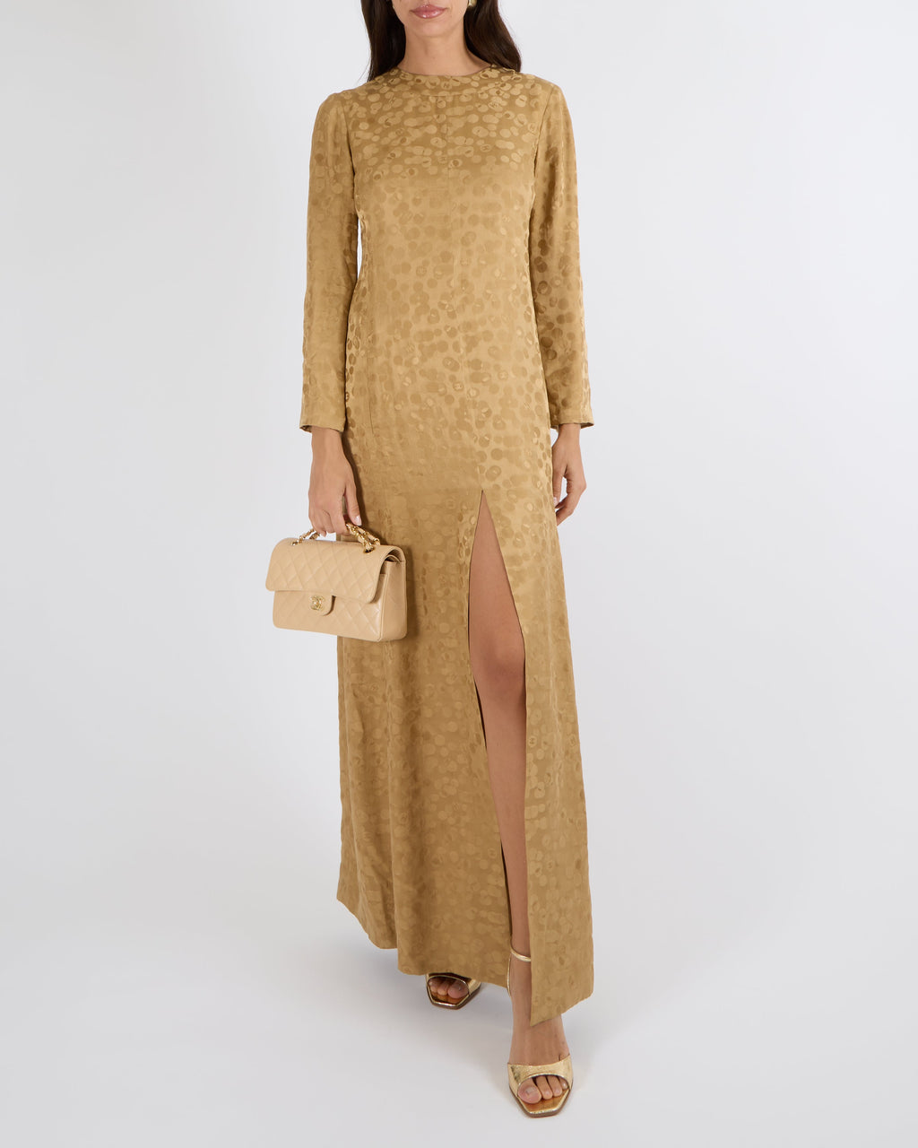 Chanel Metiers d'Art 2022 Beige Silk Polkadot Long-Sleeve Maxi Dress with Front Slit and CC Logo Details Size FR 36 (UK 8)
