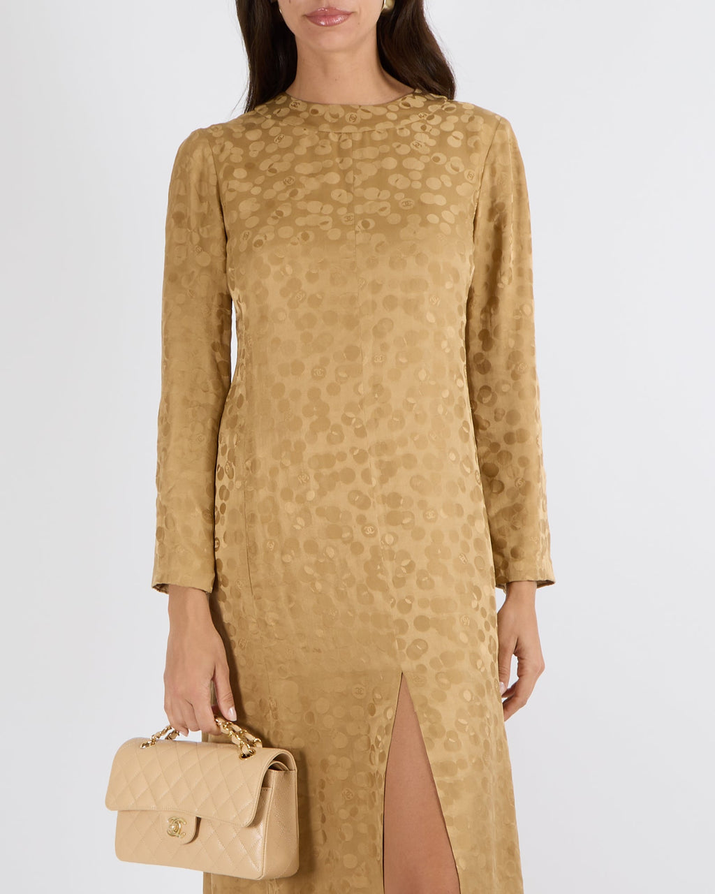 Chanel Metiers d'Art 2022 Beige Silk Polkadot Long-Sleeve Maxi Dress with Front Slit and CC Logo Details Size FR 36 (UK 8)