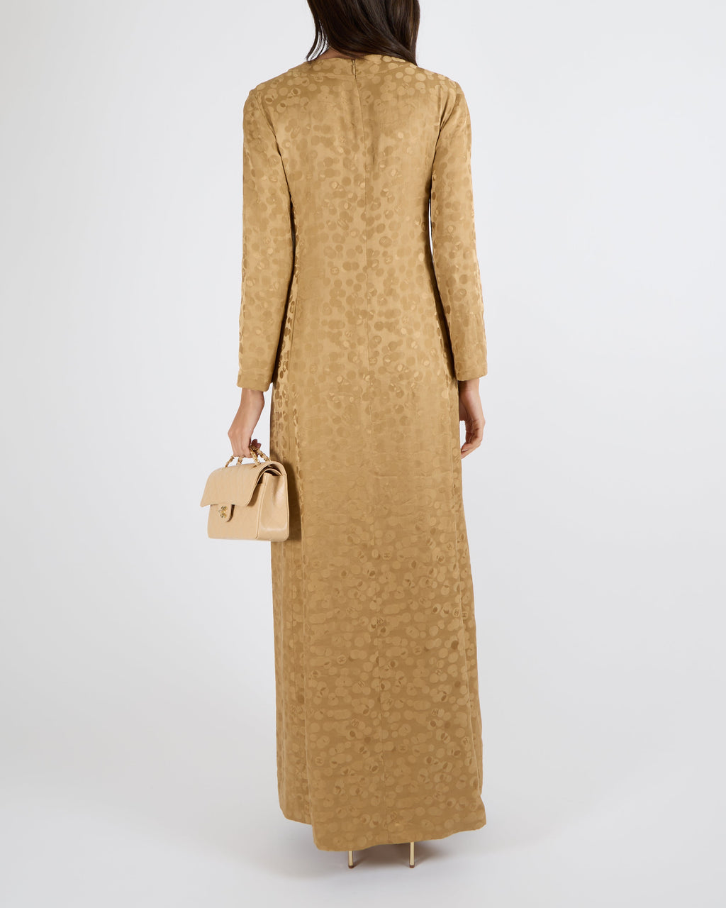Chanel Metiers d'Art 2022 Beige Silk Polkadot Long-Sleeve Maxi Dress with Front Slit and CC Logo Details Size FR 36 (UK 8)