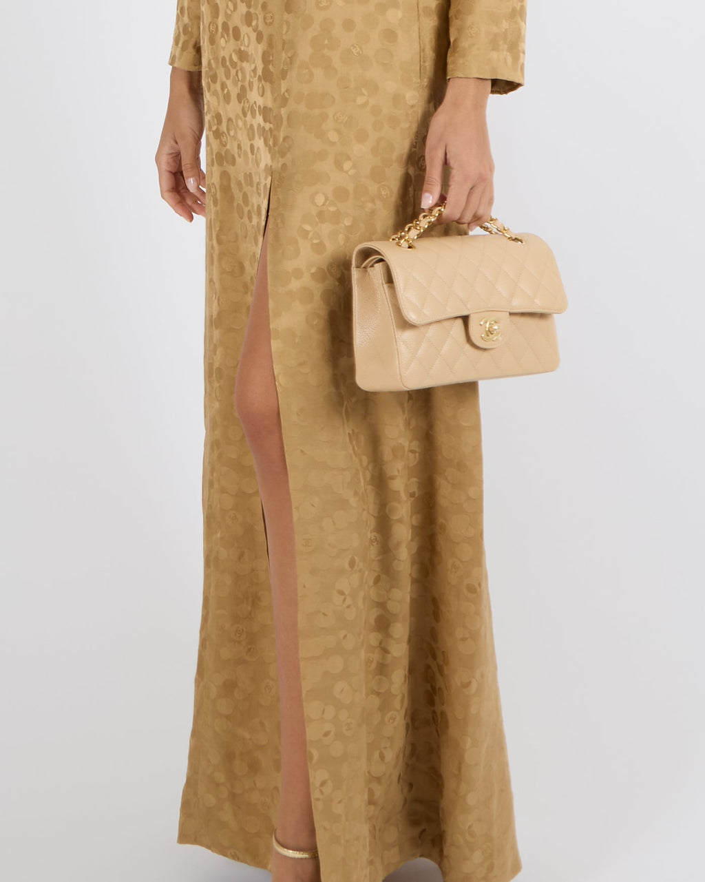 Chanel Metiers d'Art 2022 Beige Silk Polkadot Long-Sleeve Maxi Dress with Front Slit and CC Logo Details Size FR 36 (UK 8)