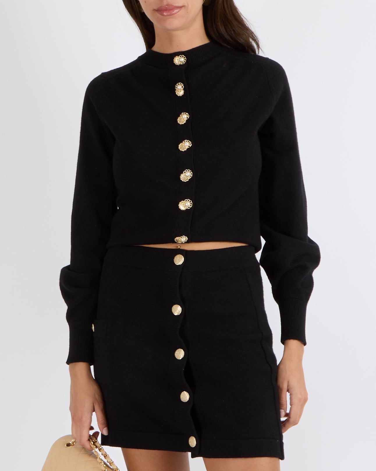 Chanel Black Cashmere Cardigan with Back Gold CC Logo and Pearl Double Buttons Size FR 34 (UK 6)