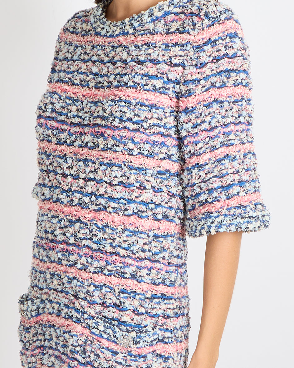 Chanel 15C Dubai Blue and Pink Knitted Short-Sleeved Mini Dress with Silver Crystal Embellished CC Logo Buttons Detail Size FR 40 (UK 12)