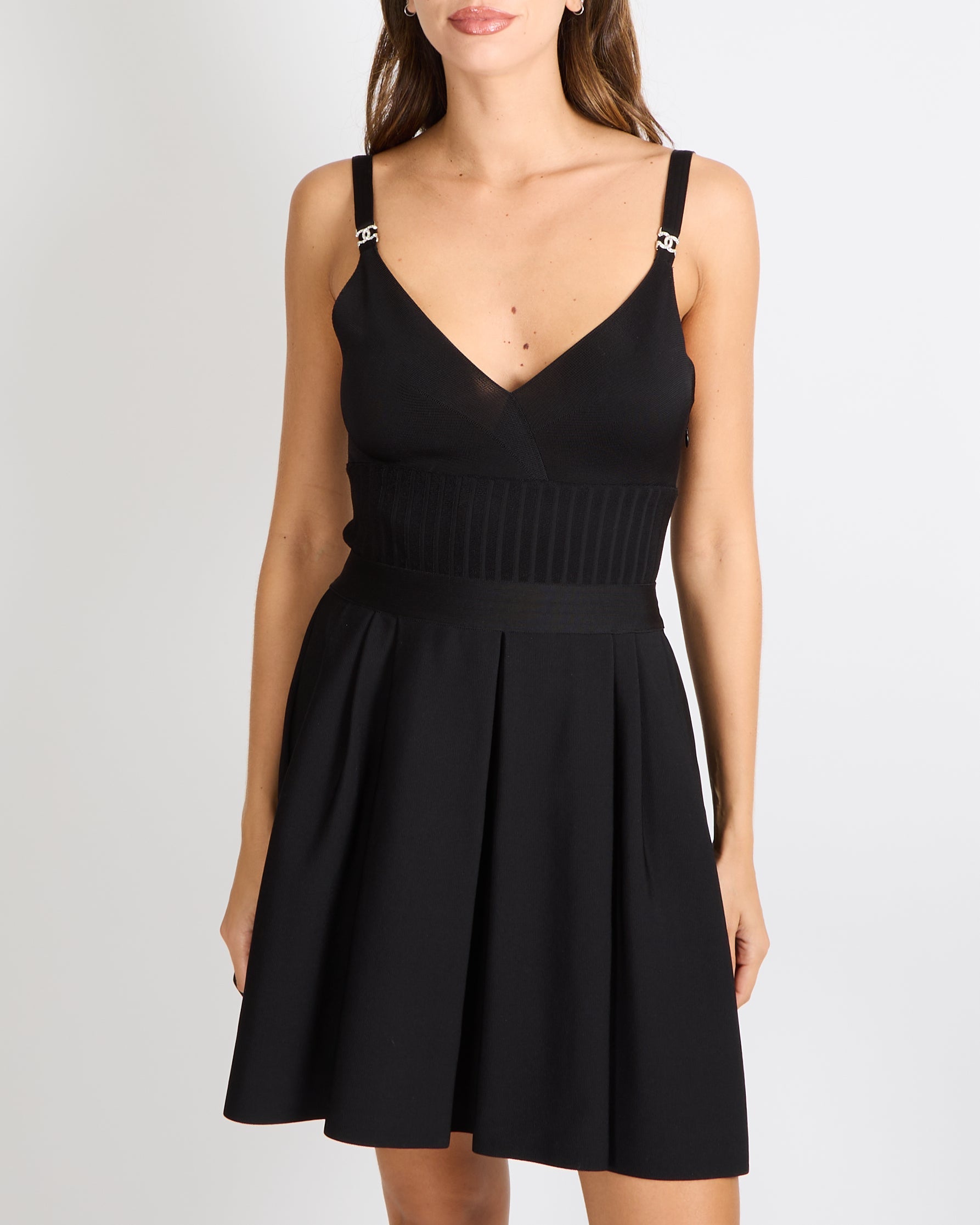 Chanel SS20 Black Mesh Mini Dress with Crystal CC Logo Details Size FR 36 (UK 8)