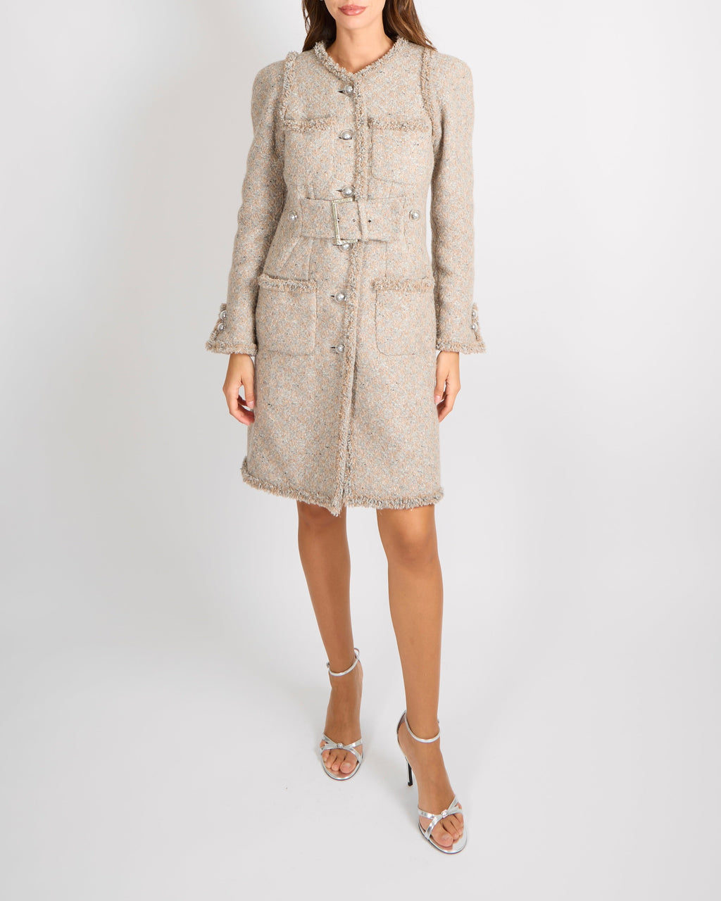 Chanel FW17 Runway Beige Tweed Belted Coat with Clear CC Logo Buttons Size FR 38 (UK 10) RRP £5,250