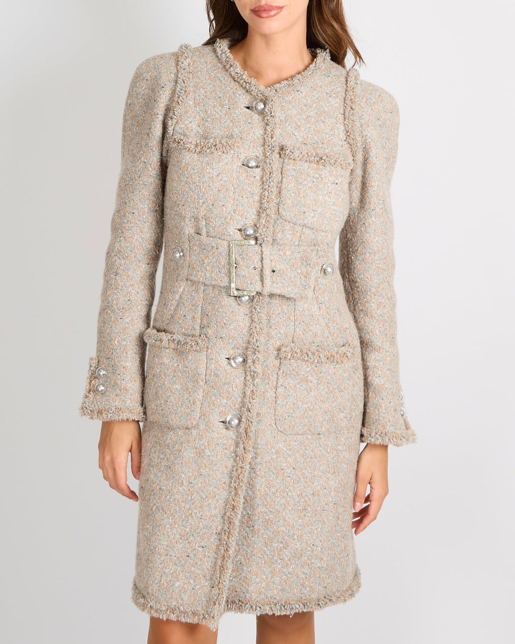 Chanel FW17 Runway Beige Tweed Belted Coat with Clear CC Logo Buttons Size FR 38 (UK 10) RRP £5,250