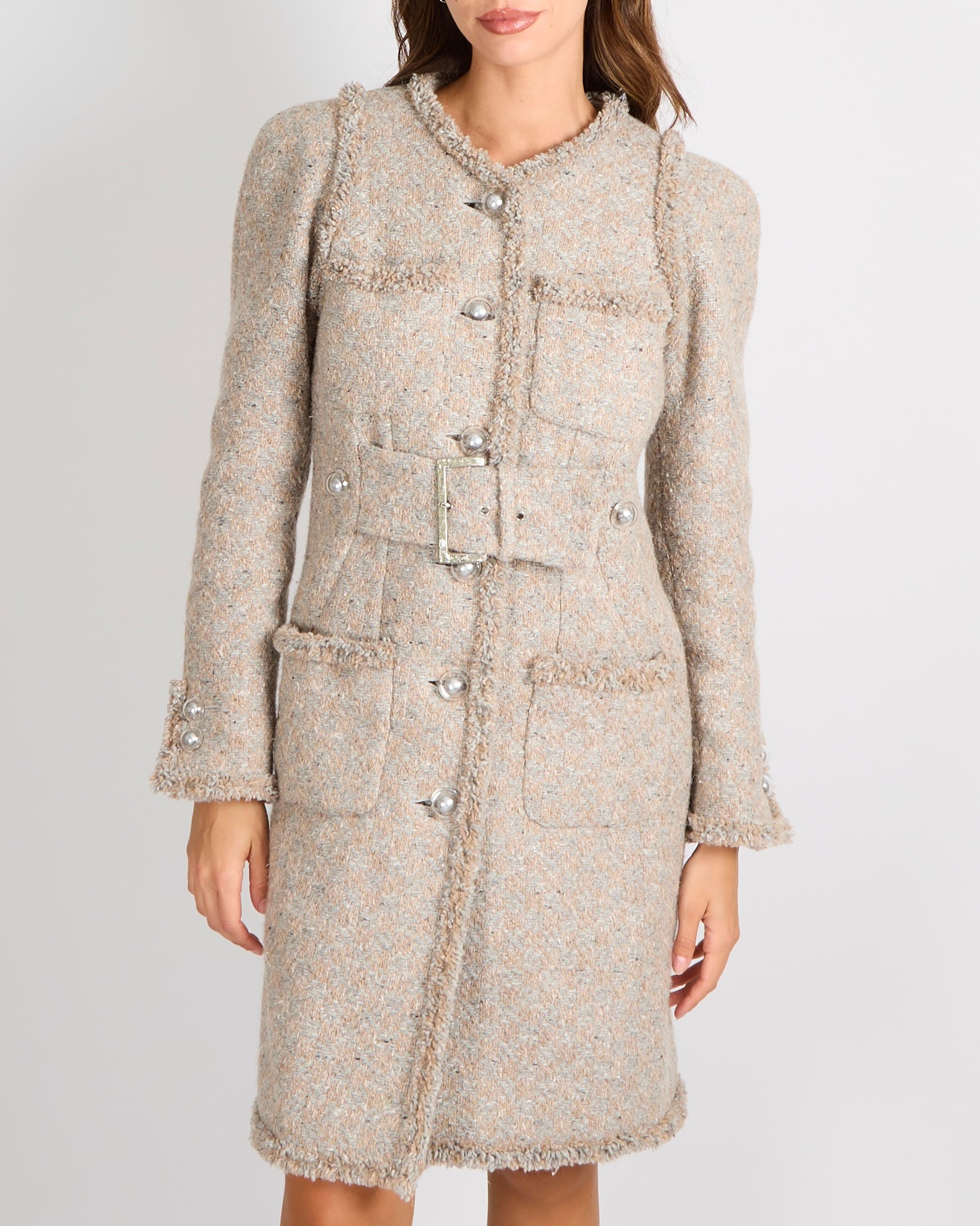 Chanel FW17 Runway Beige Tweed Belted Coat with Clear CC Logo Buttons Size FR 38 (UK 10) RRP £5,250