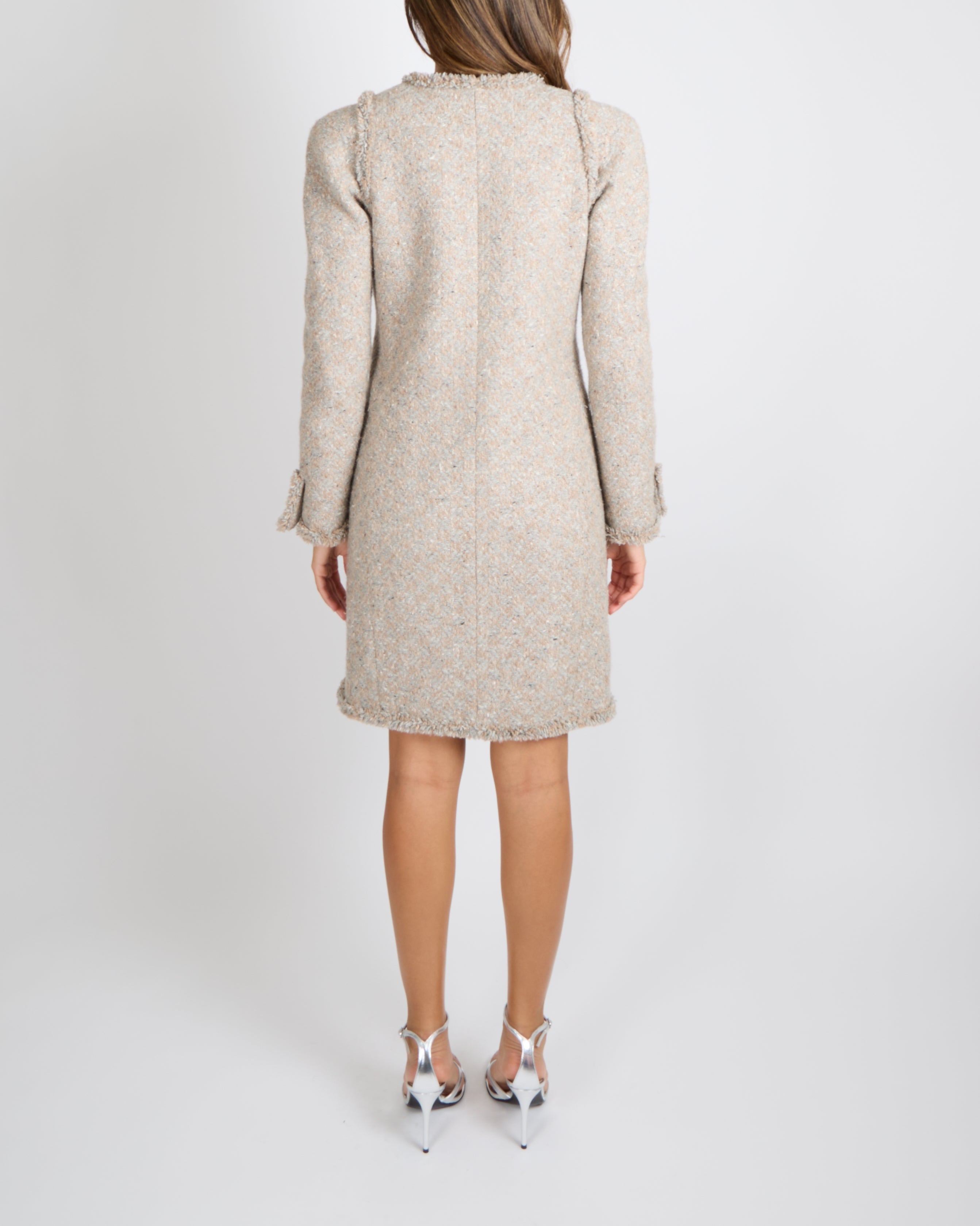 Chanel FW17 Runway Beige Tweed Belted Coat with Clear CC Logo Buttons Size FR 38 (UK 10) RRP £5,250