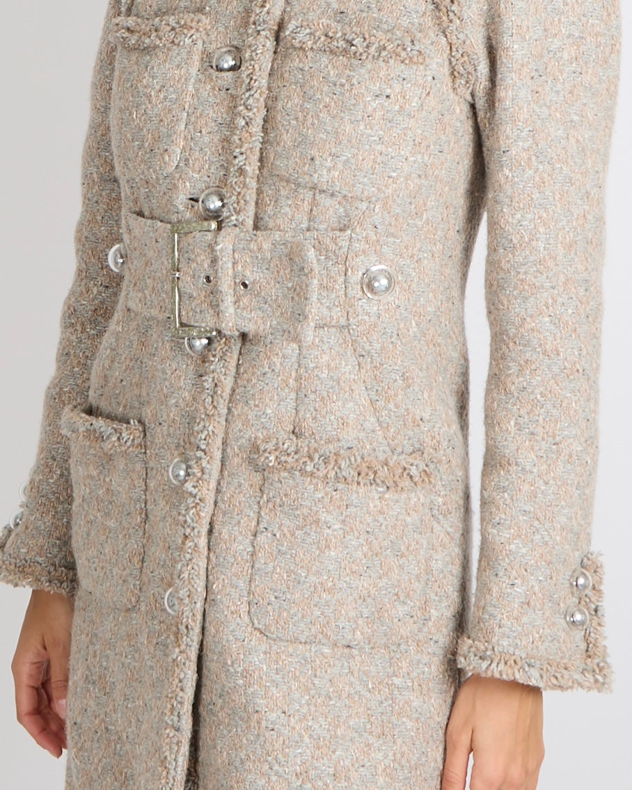 Chanel FW17 Runway Beige Tweed Belted Coat with Clear CC Logo Buttons Size FR 38 (UK 10) RRP £5,250