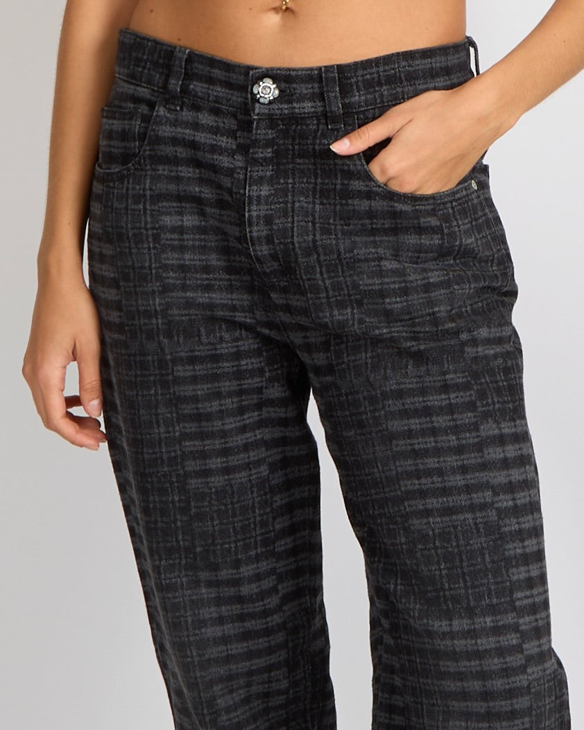 Chanel 24A Dark Grey Checkered Straight Leg Jeans with Grey Crystal Camellia Button and Silver CC Logo Details Size FR 38 (UK 10)