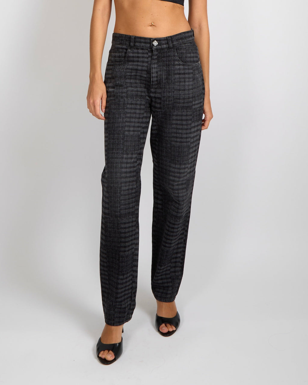Chanel 24A Dark Grey Checkered Straight Leg Jeans with Grey Crystal Camellia Button and Silver CC Logo Details Size FR 38 (UK 10)
