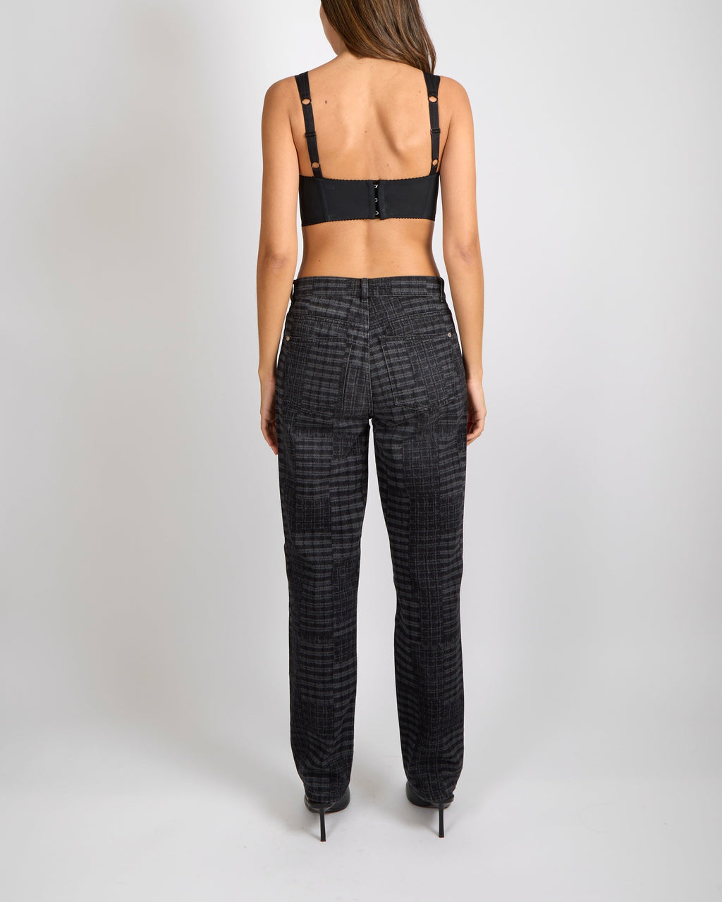 Chanel 24A Dark Grey Checkered Straight Leg Jeans with Grey Crystal Camellia Button and Silver CC Logo Details Size FR 38 (UK 10)