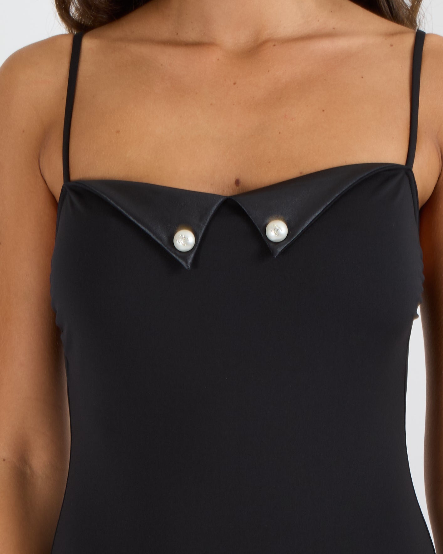 Chanel Black One-Piece Swimsuit with Pearl Crystal Embellished CC Logo Buttons Size FR 40 (UK 12)