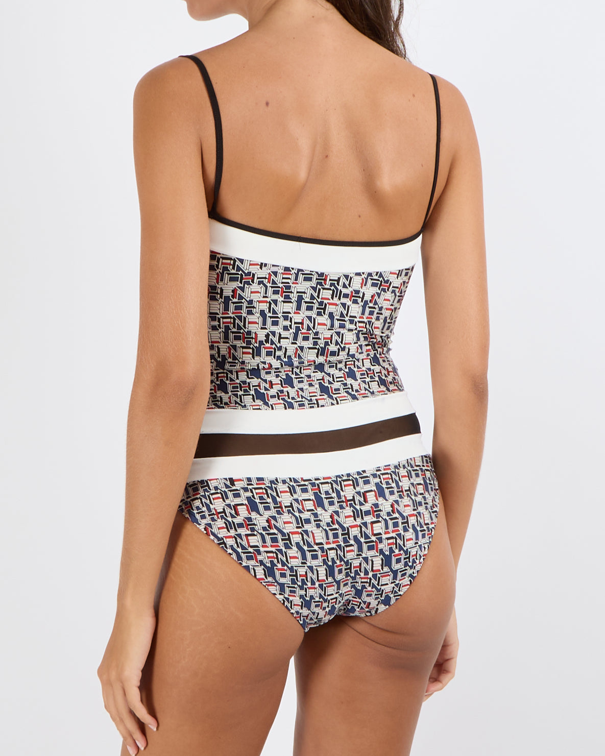 Chanel SS 2013 Black and White One-Piece Swimsuit with Blue and Red Geometric Logo Prints and Mesh Inserts Size FR 36 (UK 8)