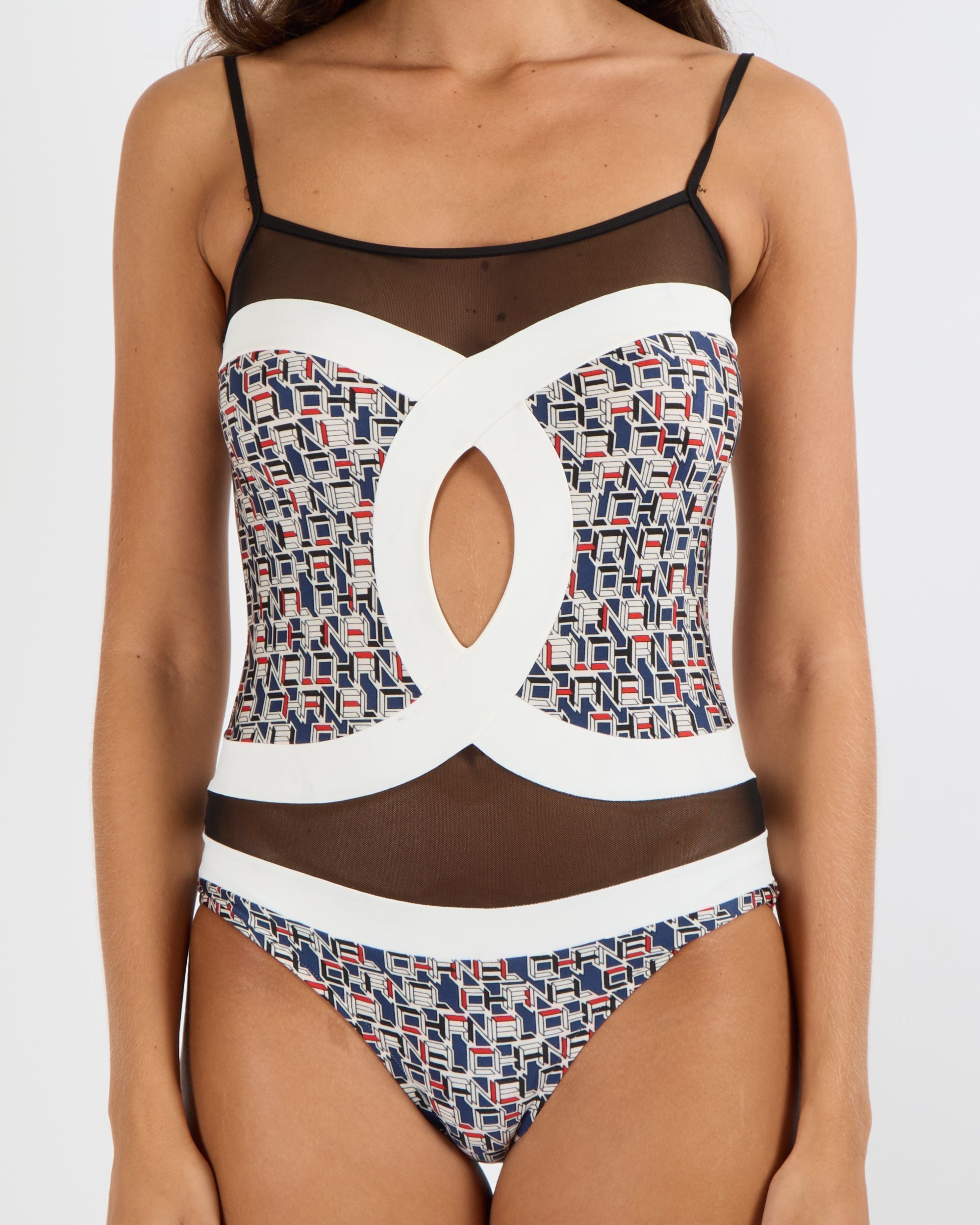 Chanel SS 2013 Black and White One-Piece Swimsuit with Blue and Red Geometric Logo Prints and Mesh Inserts Size FR 36 (UK 8)