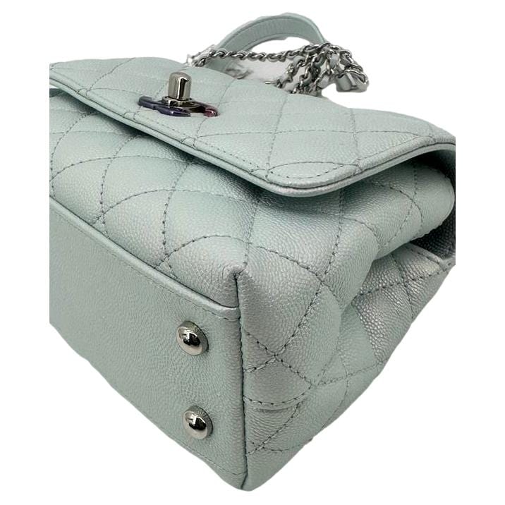 CHANEL Coco Extra Mini Top Handle Iridescent Caviar Leather Crossbody Bag Light Blue