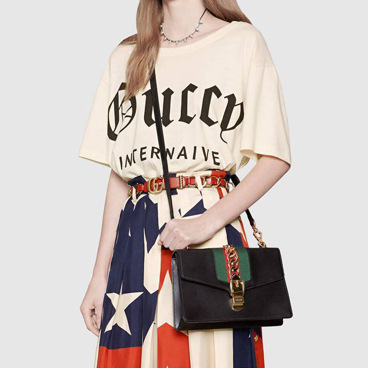 (WMNS) GUCCI Sylvie Gold buckle Stripe Webbing Bow Wide Version Leather handbag Small Black 421882CVLEG-8638