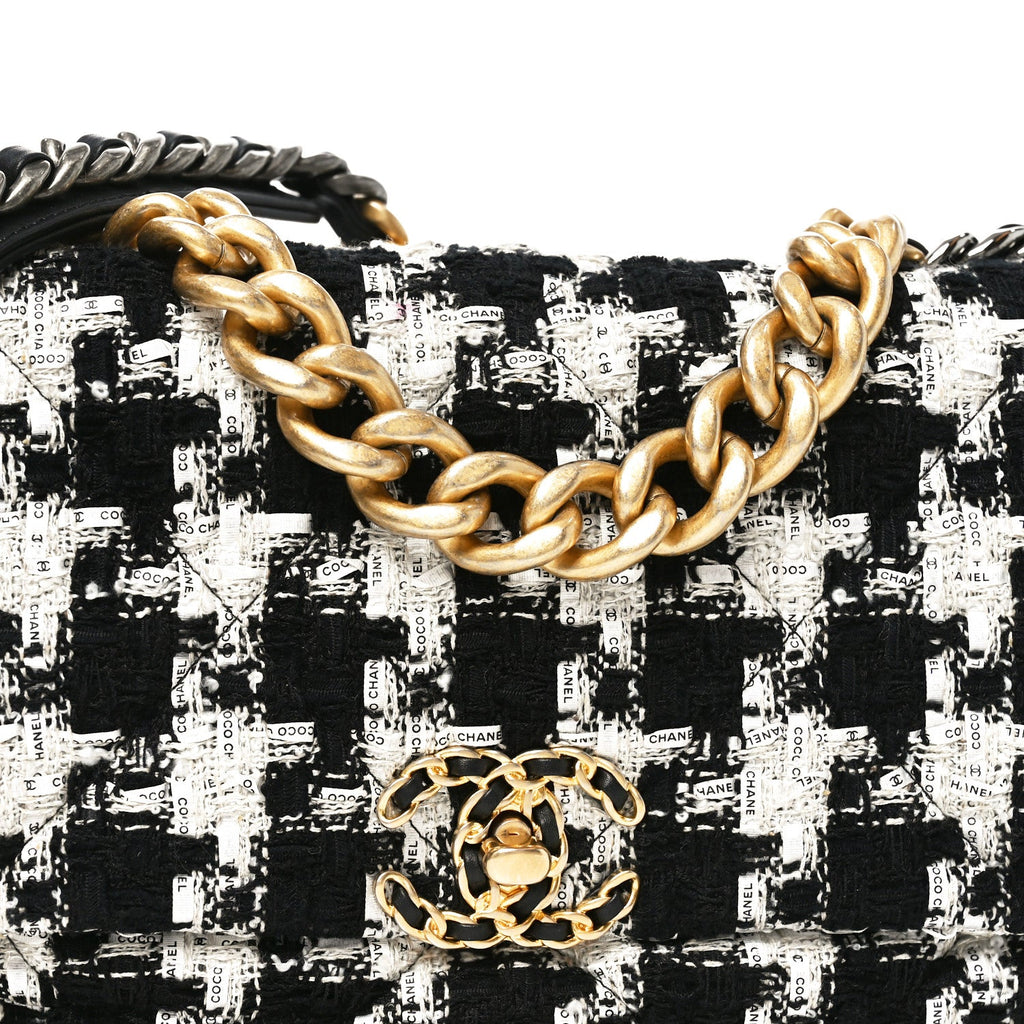 Chanel Tweed Quilted Large Chanel 19 Flap Black Ecru White