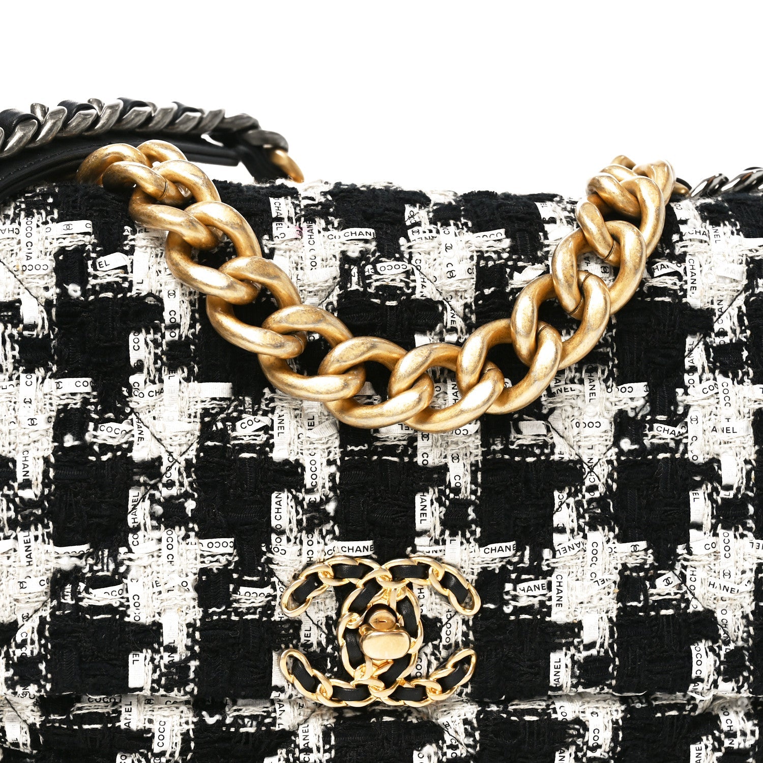 Chanel Tweed Quilted Large Chanel 19 Flap Black Ecru White
