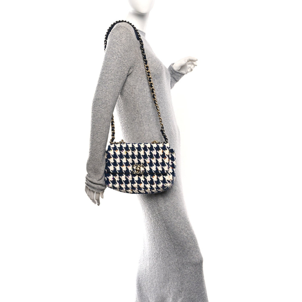 Chanel Tweed Quilted Medium Chanel 19 Flap Ecru Navy Blue Multicolor