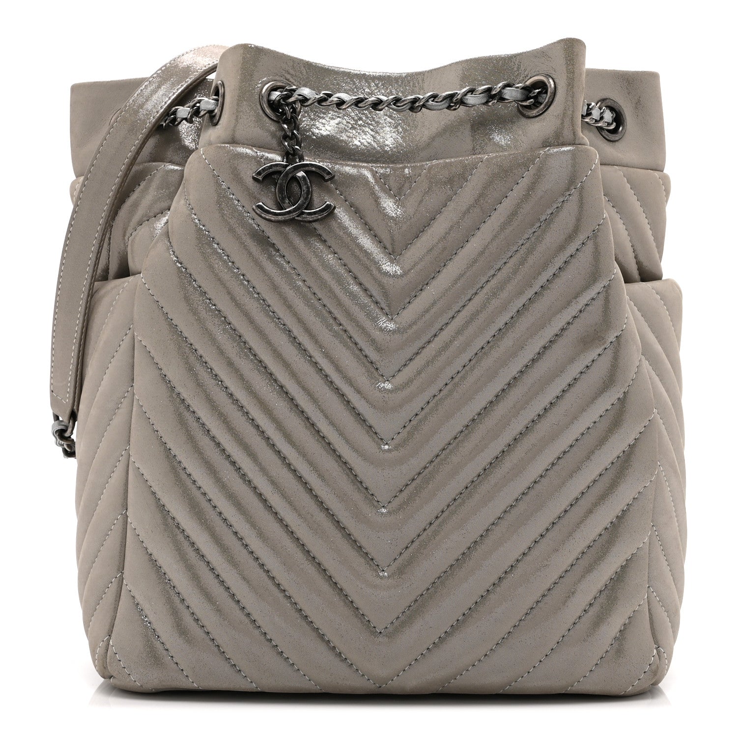 Chanel Iridescent Calfskin Chevron Small Urban Spirit Drawstring Bag Silver
