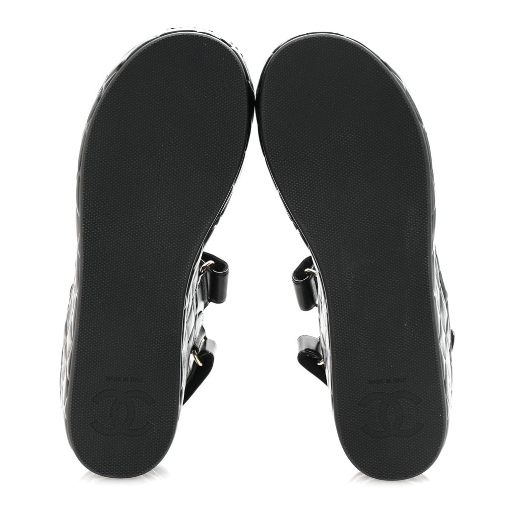 Chanel Shiny Calfskin Logo Platform Sandals 37 Black